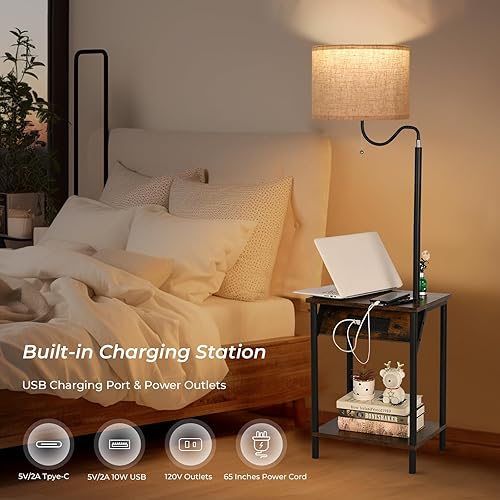 Miniatura 6 de FIMEI Lámpara de pie con mesa, mesa auxiliar con estación de carga, puertos USB y tomacorrientes, mesita de noche con luz de lectura de temperatura