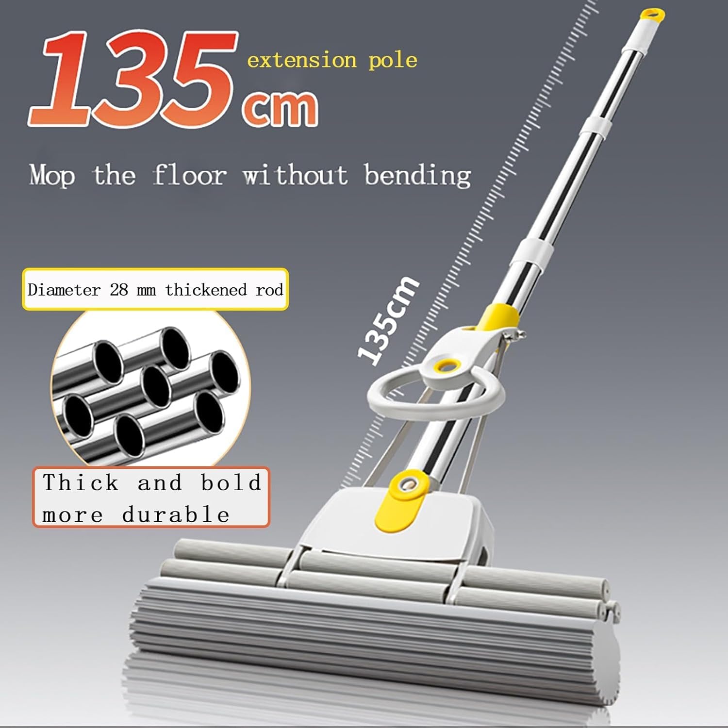 Mopa de limpieza de suelos, fregona de esponja con rodillo de dos filas, mango de 53 pulgadas de largo, ideal para limpiar superficies de baño, oficina, laminado y azulejos de cerámica