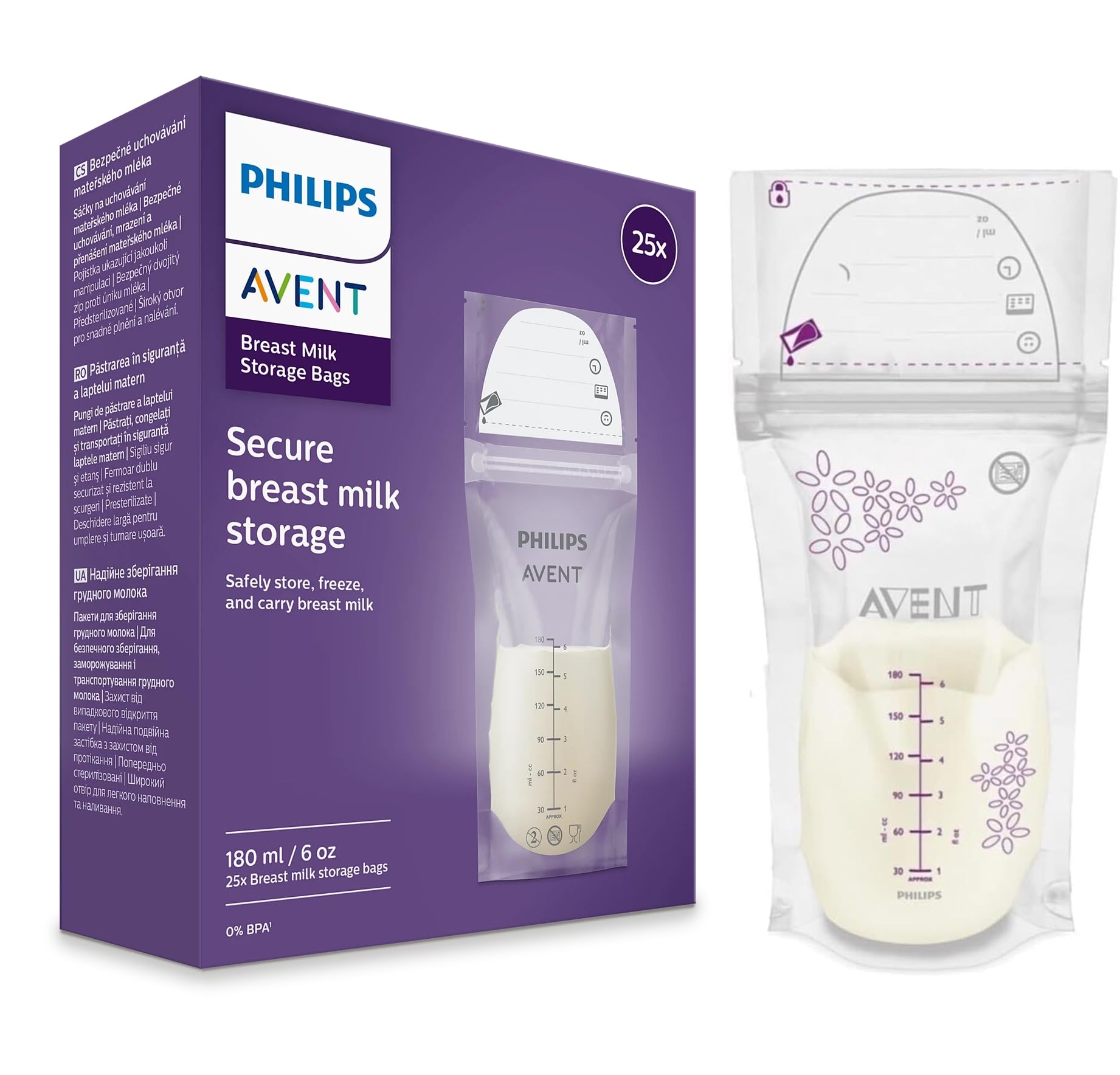 Philips Avent Muttermilchbeutel 180ml zum Aufbewahren & Einfrieren von Muttermilch, SCF603/25 , vorsterilisiert, 25 Stück
