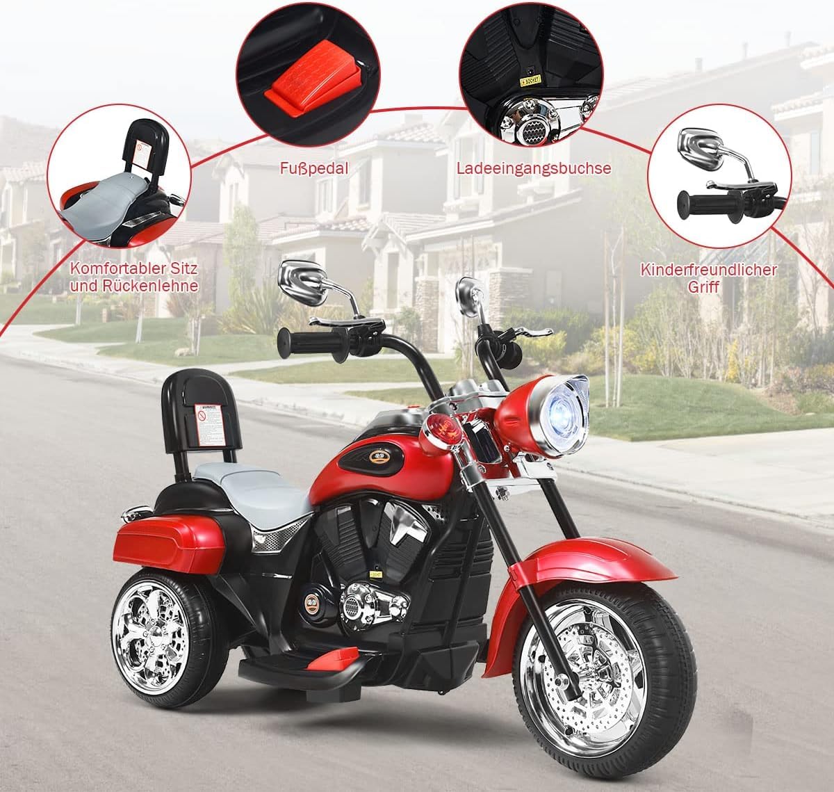 FANTASK 6V Elektro Motorrad Kinder 2,5-3 km/h, Geschwindigkeit KinderMotorrad mit verstellbaren Scheinwerfer Rot, Dreirad Elektromotorrad mit Sound, Hupe, Rückspiegel, Pedale