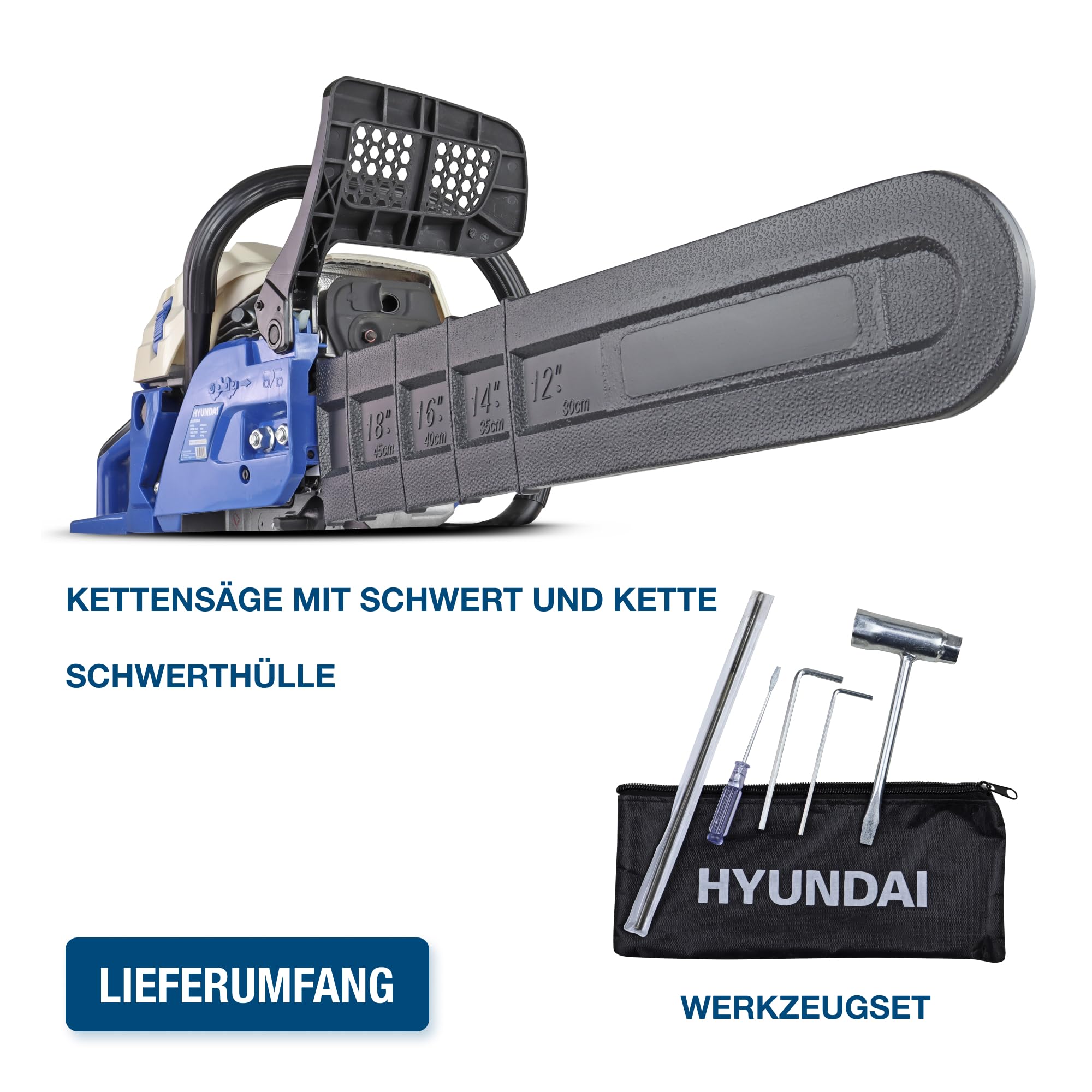 HYUNDAI Benzin-Kettensäge CS6220G | 51 cm/20" HYUNDAI Schwert und Kette | Motorsäge, Motorkettensäge, Benzinsäge | Hubraum 61.5 cm³ | 3.9 PS Leistung | inkl. Werkzeugset