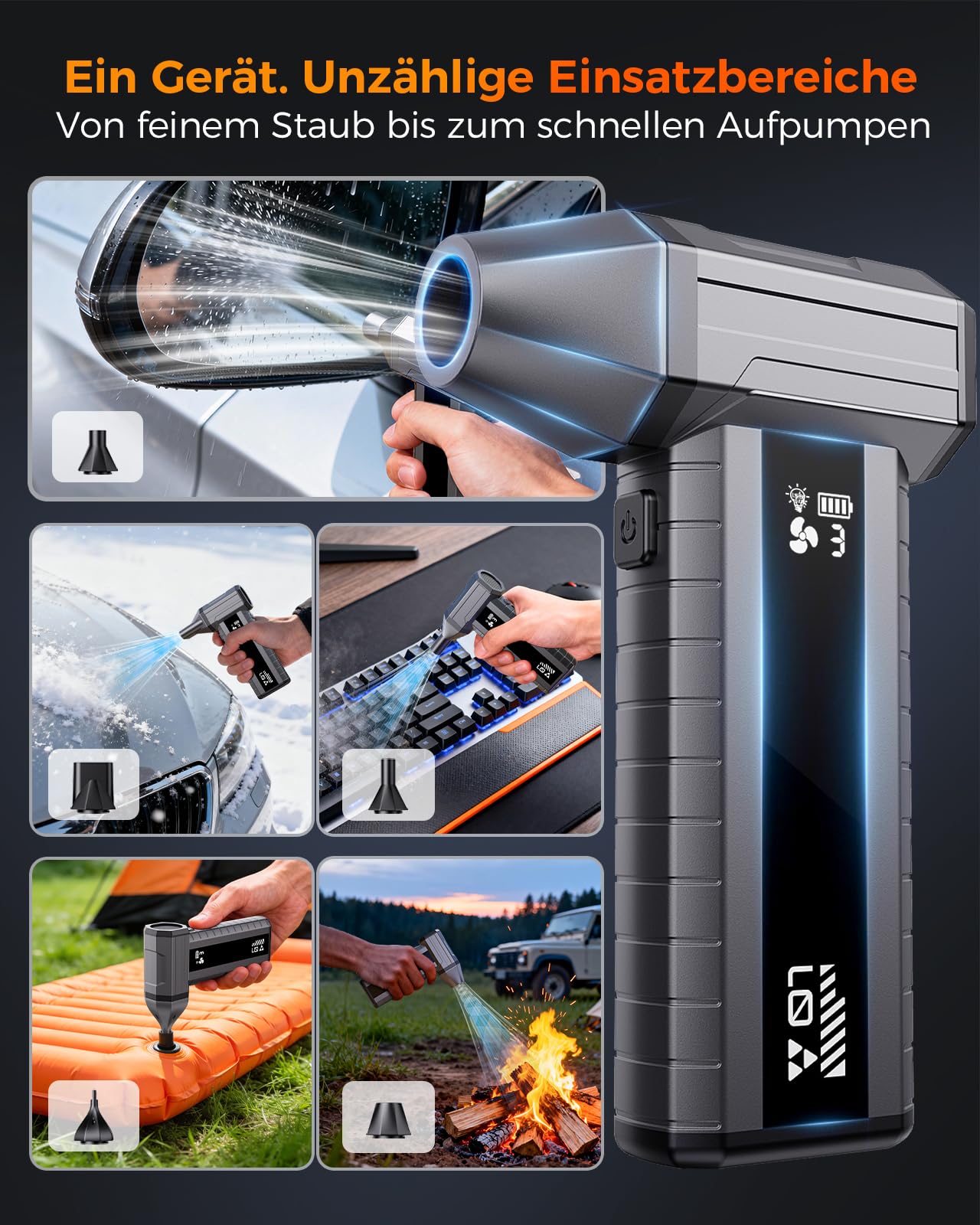 Druckluftspray Alternative, Elektrischer Air Duster mit 200.000 U/min Turbo Gebläse, 10500 mAh Akku Gebläse für PC Reinigung & Tastatur Reinigungsset, LED-Licht, Smart-Display, USB-C