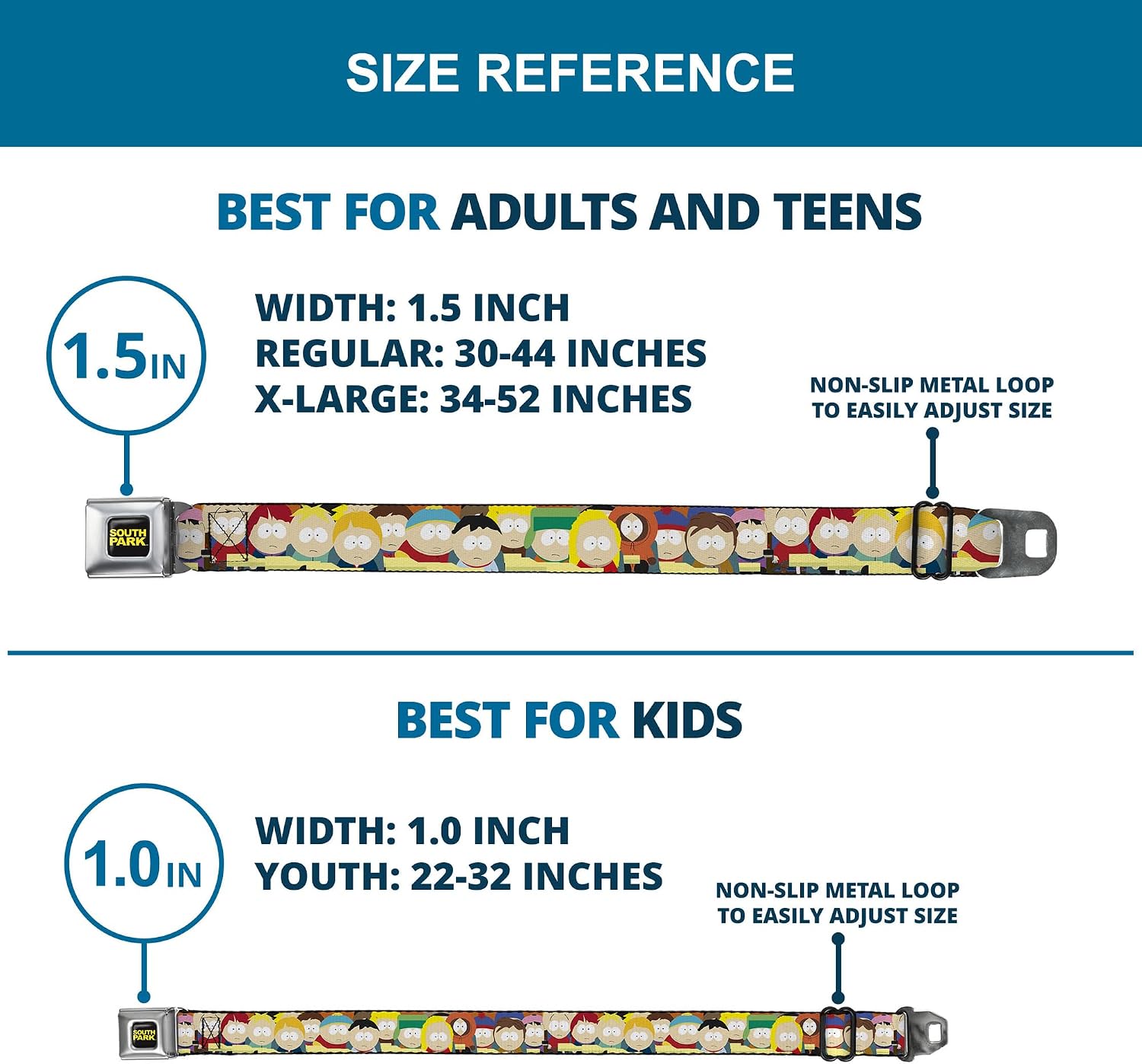 Comedy Central Belt, Seatbelt Buckle Belt, South Park School Kids Faces Stacked, Adjustable