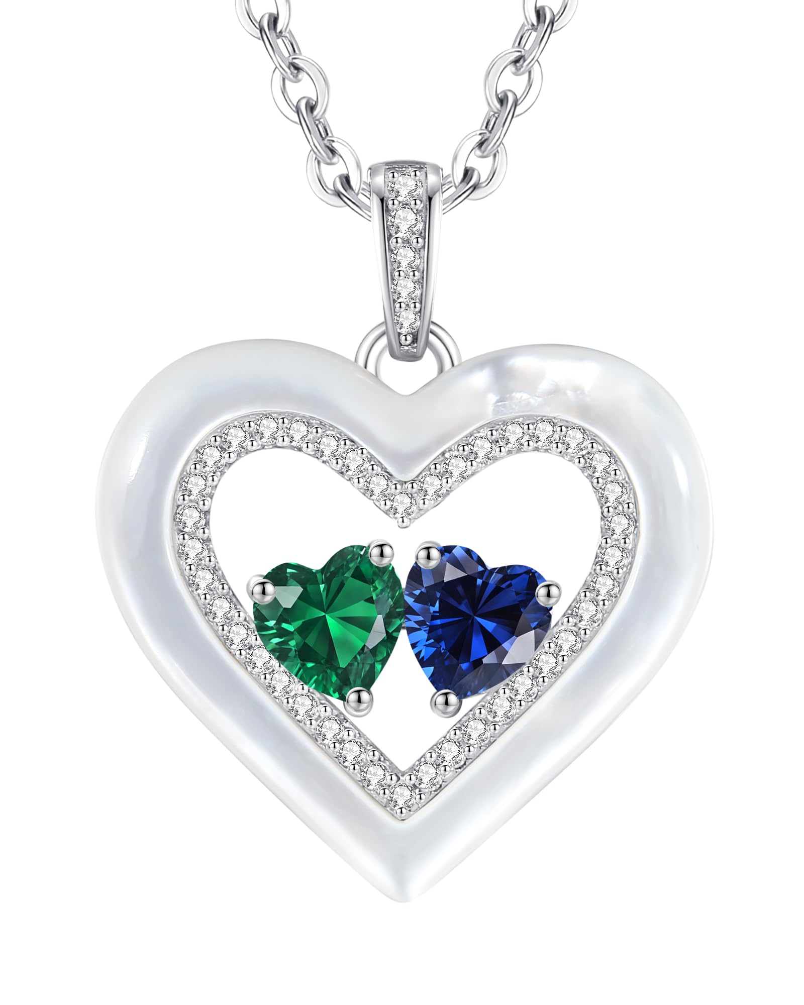 LOUISA SECRET Shell Double Heart Birthstone Necklaces for Women, 925 Sterling Silver Fine Jewelry, Pendant Heart Necklaces Birthday Anniversary