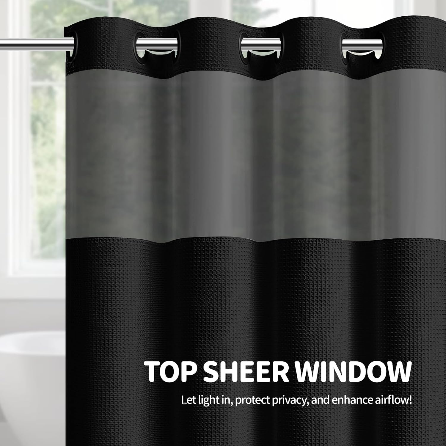 Dynamene Ringless Waffle Weave Fabric Shower Curtain Set, Black, 72"x75"