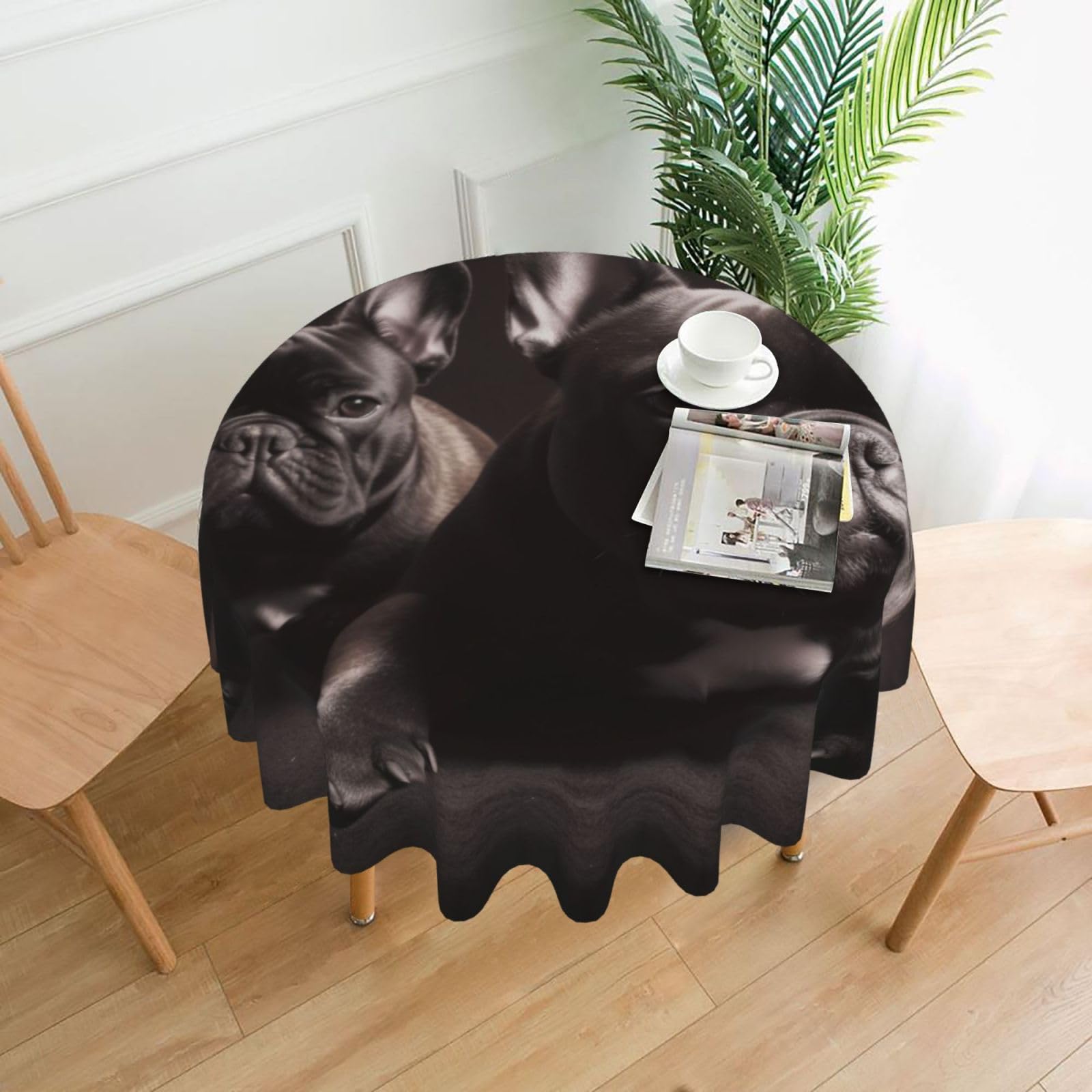 Fodpand Black Bulldog Tablecloths For Round Tables 60 Inches - Reusable And Washable Kitchen Table Clothes Decorative Table Cover For Dining Tables, Buffet Parties, Wrinkle Resistant