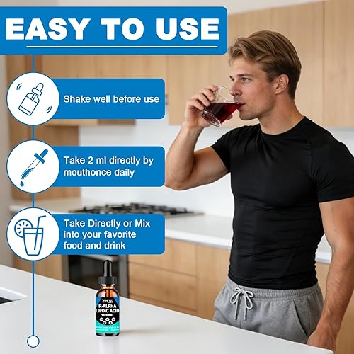 Miniatura 7 de Alpha Lipoic Acid Liquid Drops 1000mg with Stabilized R-ALA, Antioxidant Supplement for Metabolism, Nerve & Brain Health, Anti-Aging, Fast Acting