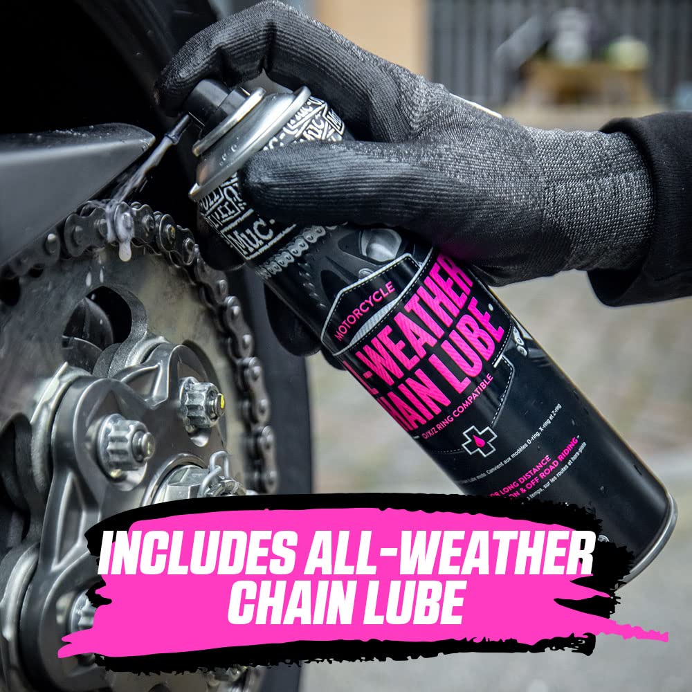 Muc-Off Motorrad Multi-Pack – Basis-Kit für Motorrad Zubehör für Motorrad Reinigung und Pflege – Motorrad Pflegeset mit Entfetter, Schutzmittel, Kettenöl und Klauenbürste