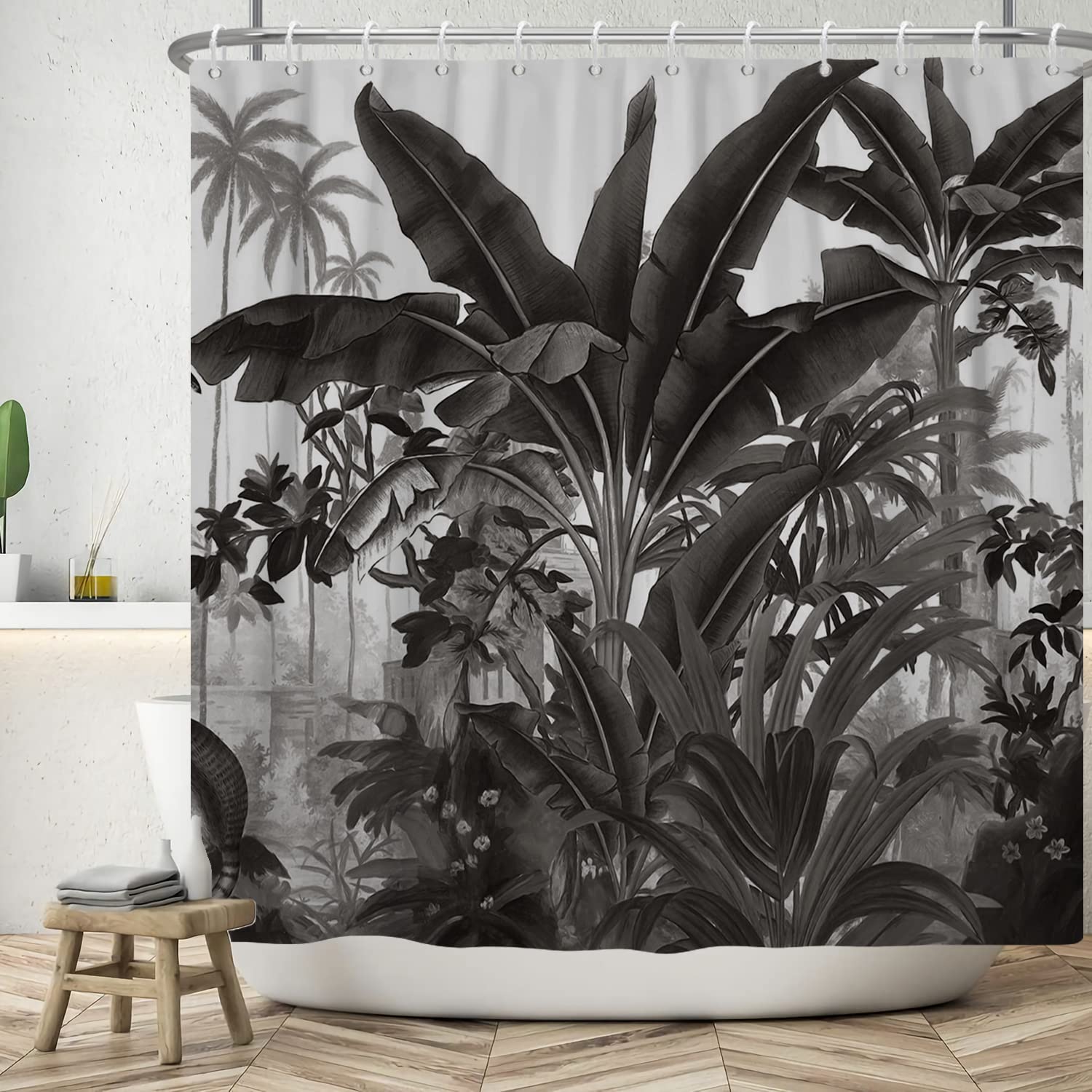 ASDCXZ Shower Curtain Jungle 120x180 cm, Black Hand Painted Tropical Plant Leaves Washable Bath Shower Curtains Polyester Textile Waterproof Shower Curtain for Bathtub with 8 Hooks — image 1