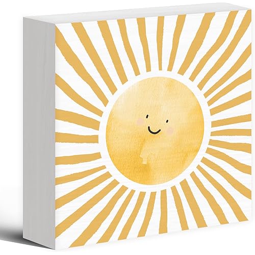 Luipk Inspirational Sun Sunshine Wood Box Sign Desk Decor, Pop Smiles Rustic Farmhouse Wooden Block Sign Decorations for Home Office Girls Dorm Room Nursery Playroom Wall Tabletop Shelf Decor