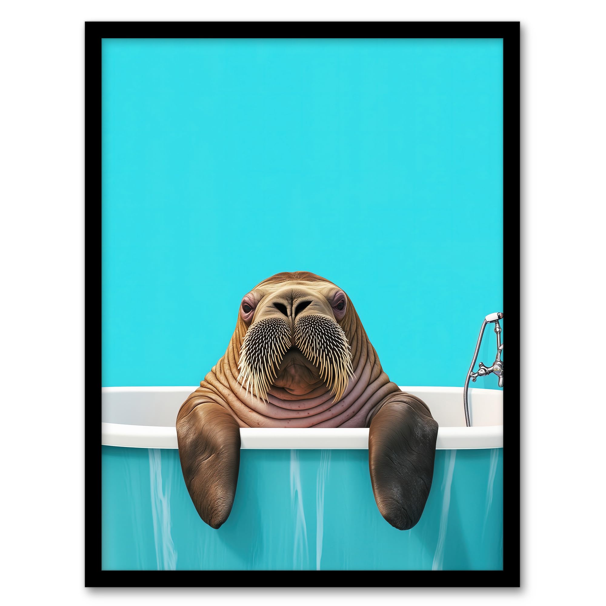 Artery8 Bath Time Cute Walrus in Bathtub Vibrant Fun Bathroom Toilet Artwork Framed Wall Art Print A4
