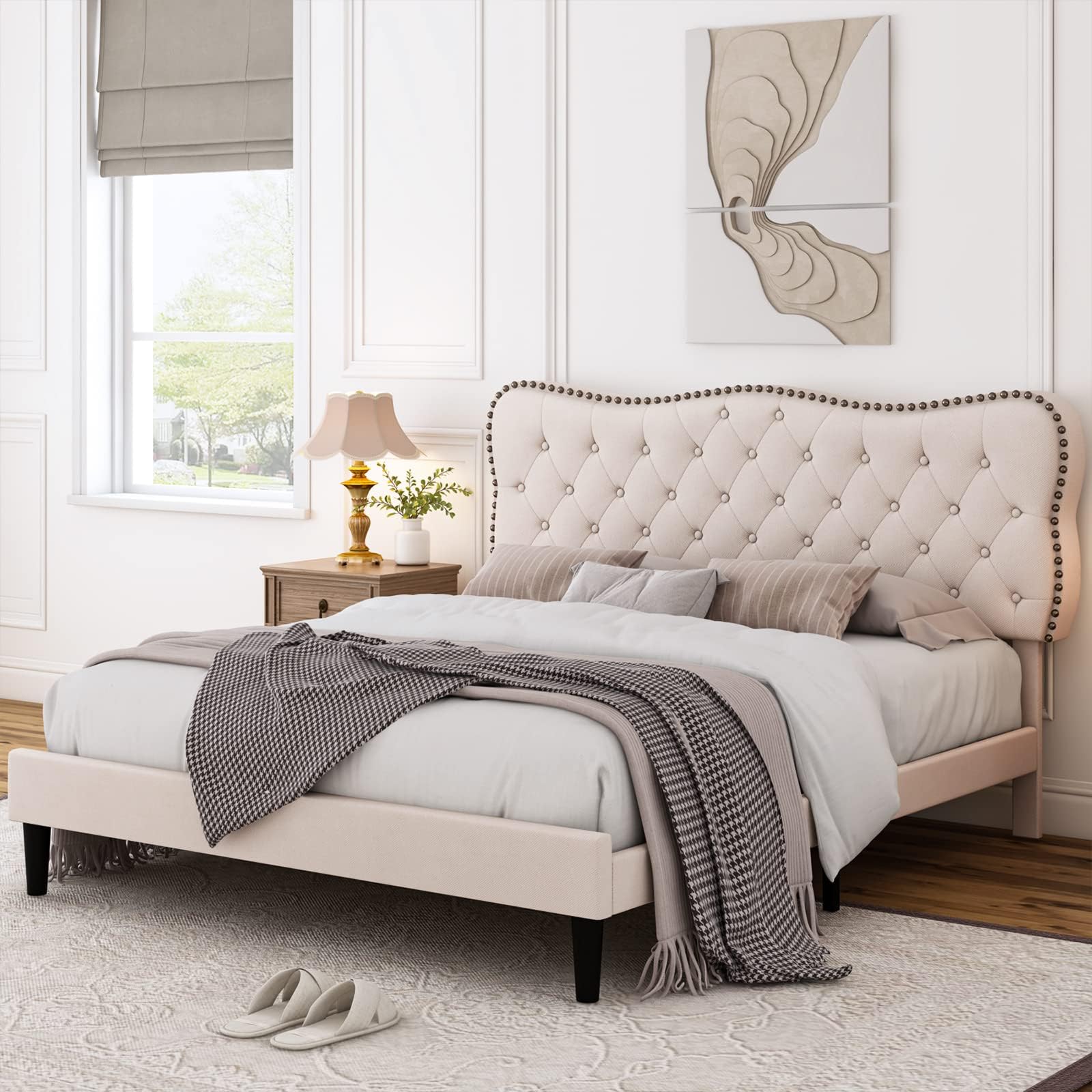 HOSTACK Queen Size Bed Frame, Linen Fabric Upholstered Platform Frame with Adjustable Headboard, Diamond Tufted Mattress Foundation Wood Slats, Easy Assembly, No Box Spring Needed, Beige