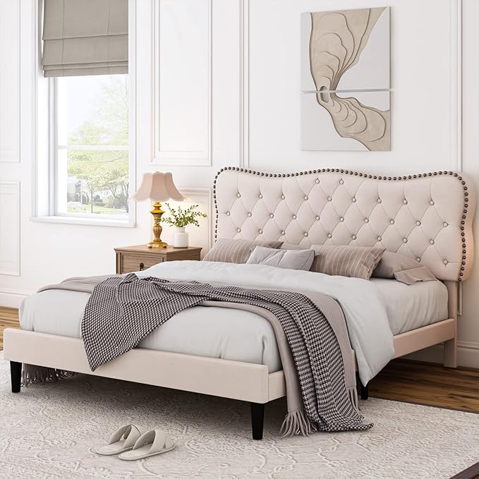 HOSTACK Queen Size Bed Frame, Linen Fabric Upholstered