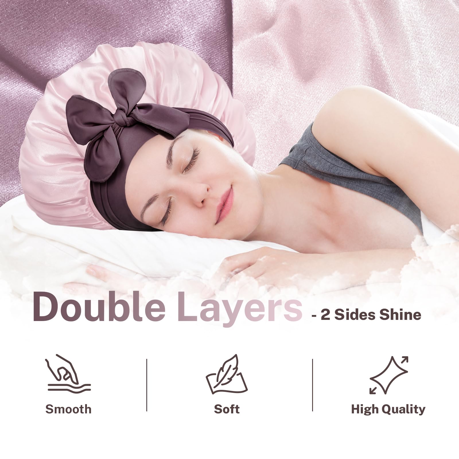 BONNET QUEEN Reversible Satin Bonnet for Sleeping Adjustable Silk Hair Cap for Women Night Head Wrap for Curly Long Braid Tresse Wigs, Light Purple and Pink - Image 3
