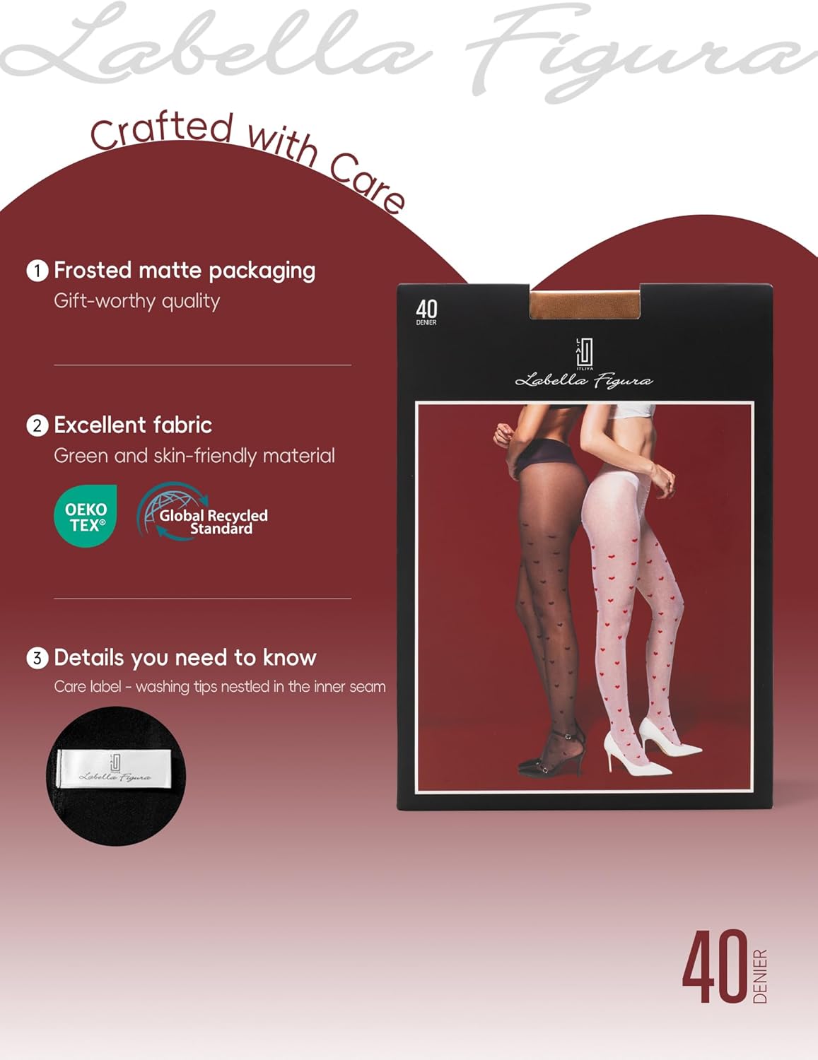 LABELLA 40D Heart Patterned Tights,Semi-Opaque Pantyhose With 3D Heart Design,Holds Shape Perfectly - Image 5