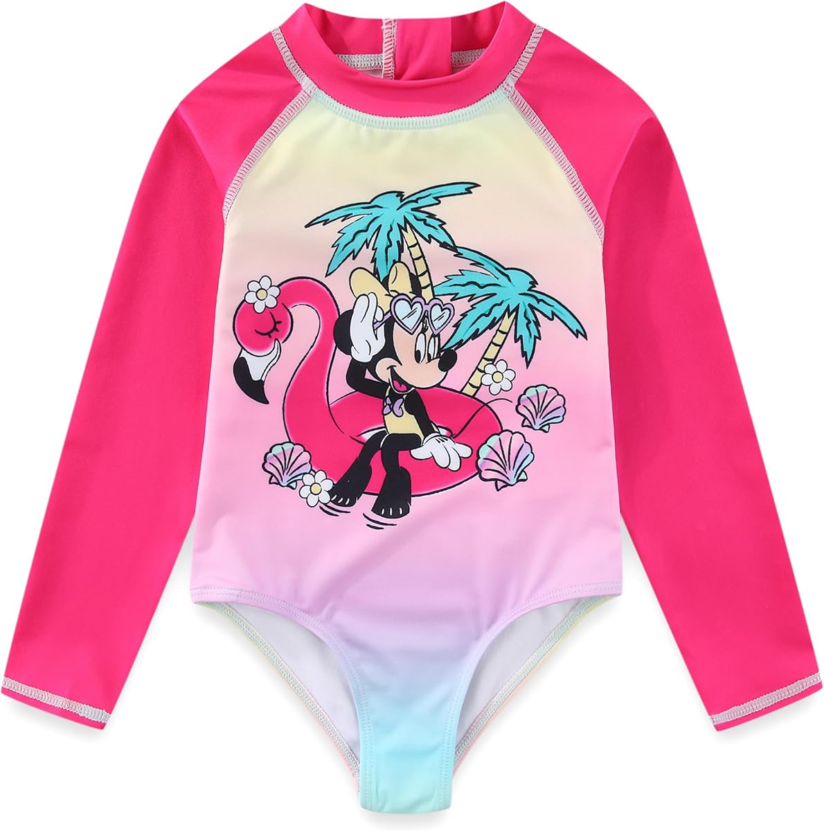 Disney Minnie Mouse Girls UPF 50+ One Piece Long Sleeve Rash Guard Bathing Suit for Toddler and Big Kids
