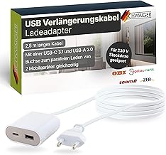 SCHWAIGER Charger Extension 2.5 m, Charging Adapter with USB-C & USB-A Port, Multiple Adapter with Quick Charge Function, Charging Adapter with Extension Cable