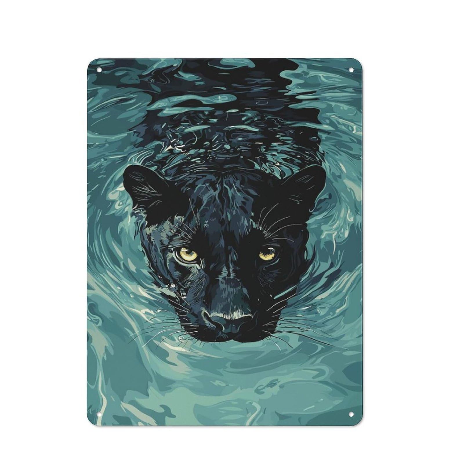 Junmoney Style-18 Metal Wall Plaque With Black Panther Swimming In Water Design 40X30cm, Retro Room Wall Plaque For Home, Shop, Pub Or Studio Wall