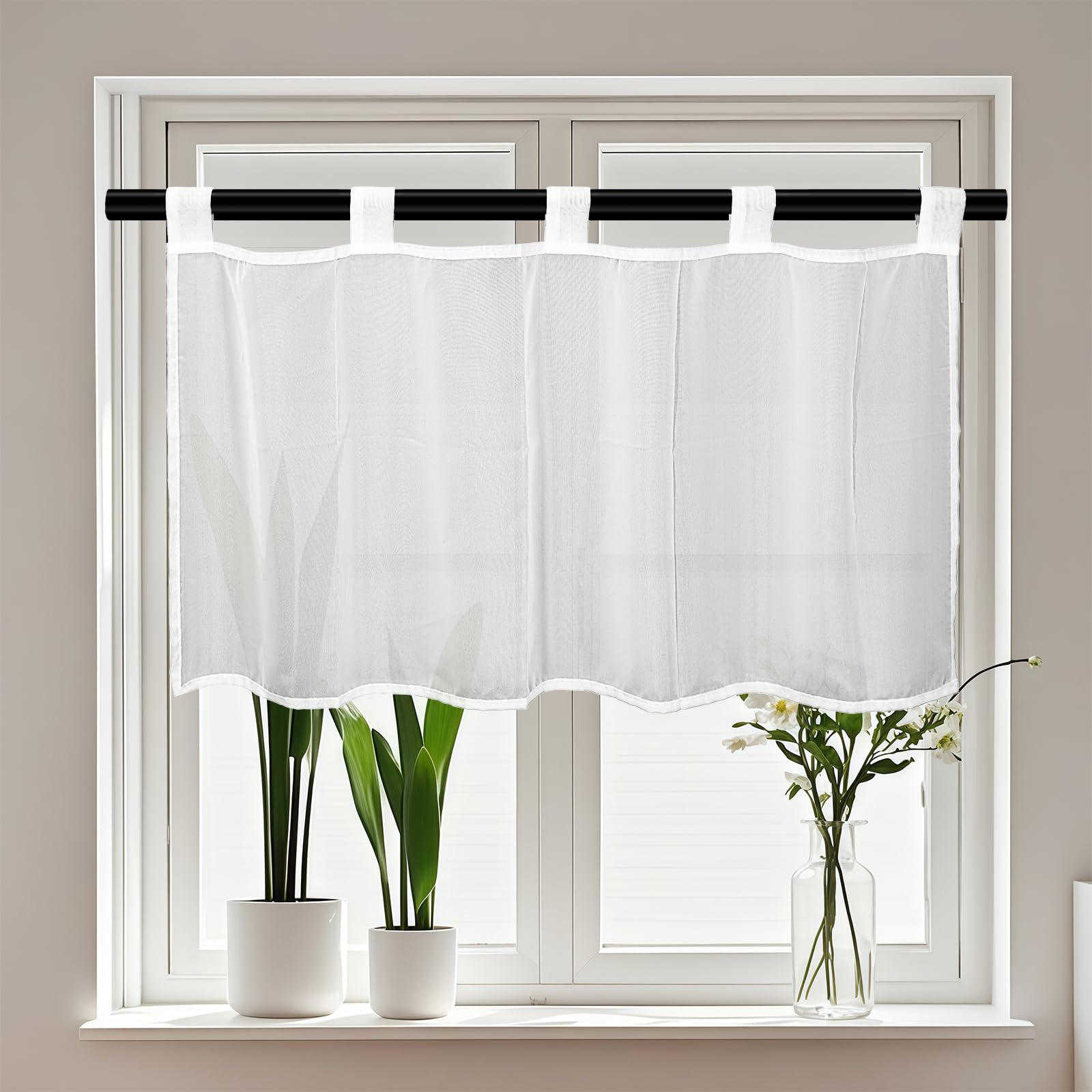 Scheibengardinen Voile Bistrogardine, Kurzstore Gardine Transparente, Kurzvorhang mit Schlaufen, Küchen Vorhang, Kurzgardine Gardine Stores, Weiß, 1er Pack, HxB 45x90cm