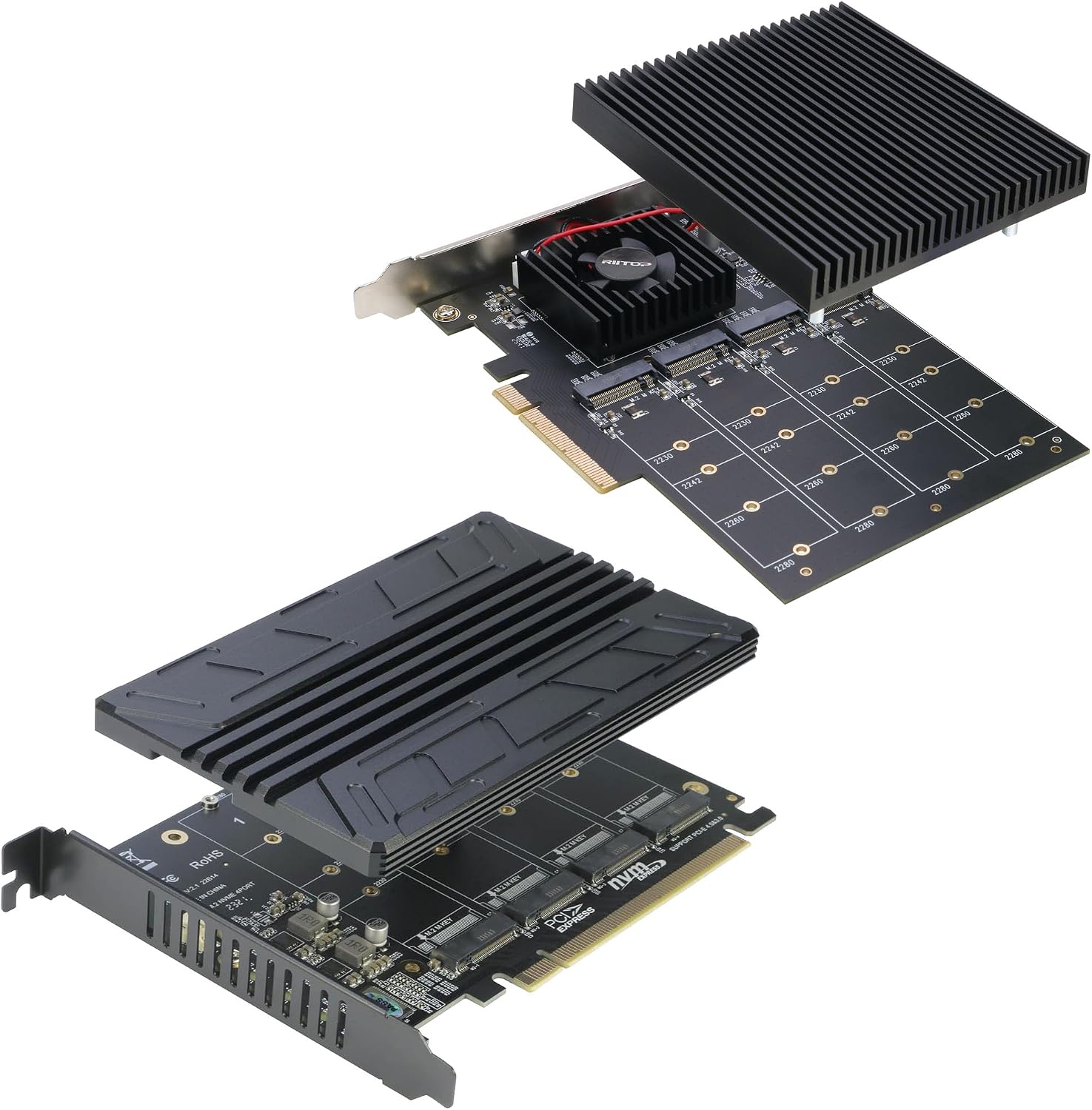 Quad NVMe PCIe Adapter (PCI-e Bifurcation Required) + Quad NVMe PCIe Adapter (for Non PCIe Bifurcation Mobo)