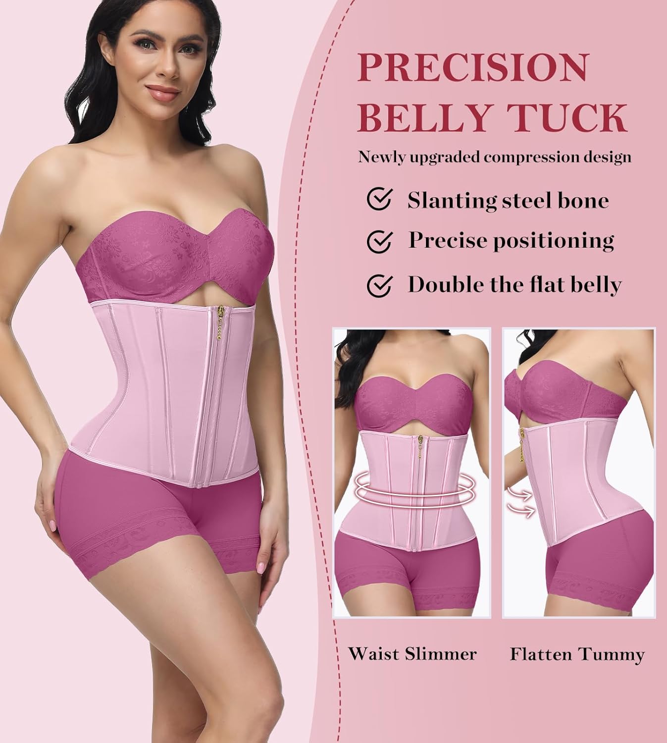 SHAPSHE Waist Trainer for Women Workout Corset Waist Cincher Shapewear Zipper Underbust Faja Body Shaper Pink