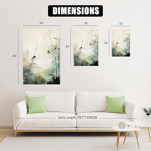Miniatura 4 de Sutanun Lienzo de paisaje abstracto japonés para pared, impresión de bosque brumoso verde de tres paneles con pájaros y árboles, arte minimalista
