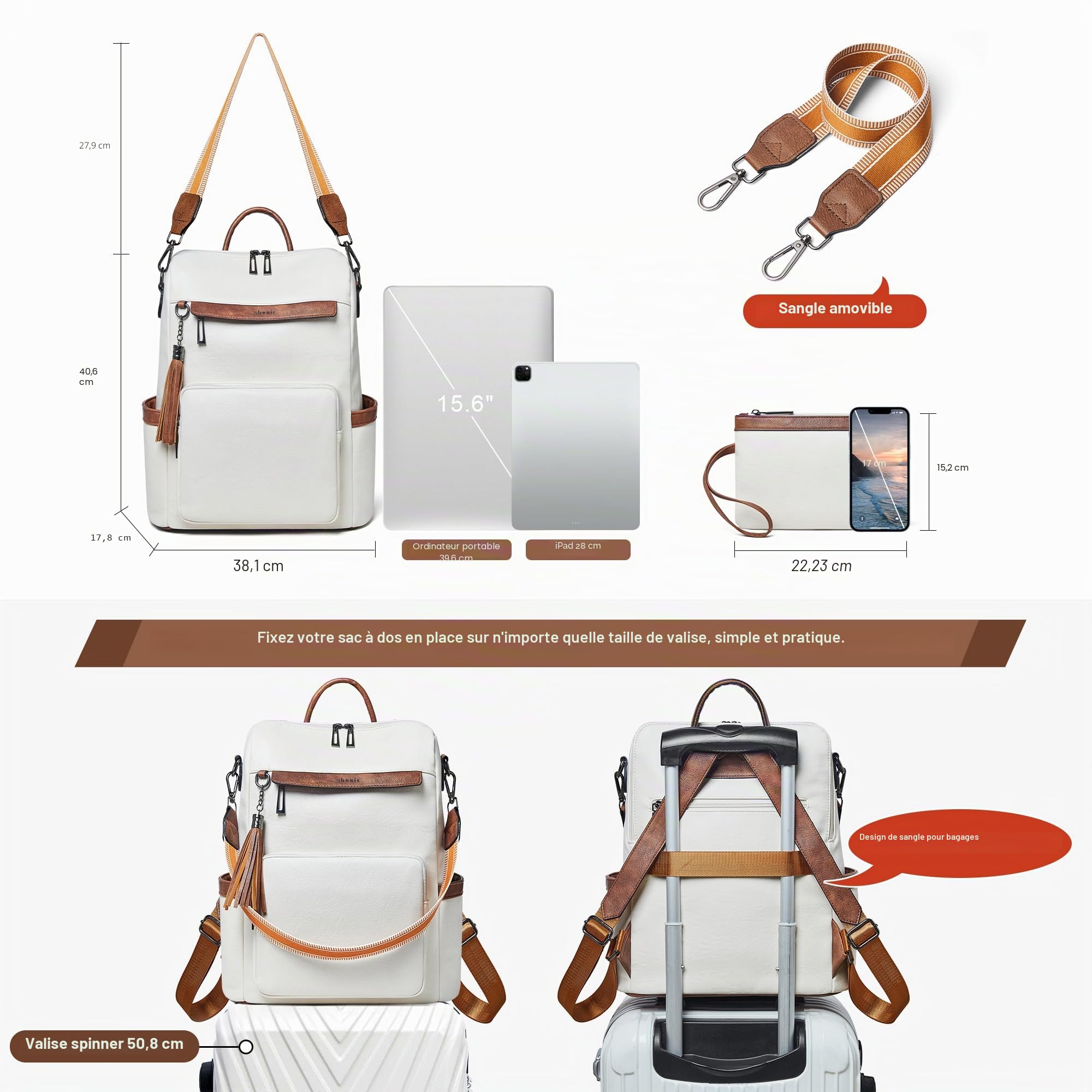 Shrrie Sac à dos pour ordinateur portable 15,6 pouces femme en cuir végan | Sac à dos de voyage imperméable,conception grande capacité pour déplacement quotidien