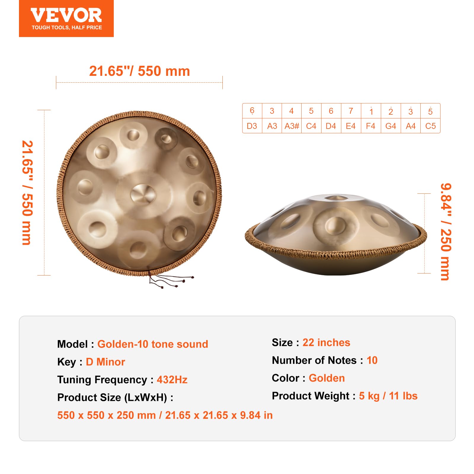 VEVOR Handpan Tamburo 550 mm, 10 Toni in Re Minore - Con Mazze, Supporto, 432 Hz Borsa per Trasporto - Strumento Sonoro Curativo per Adulti Principianti