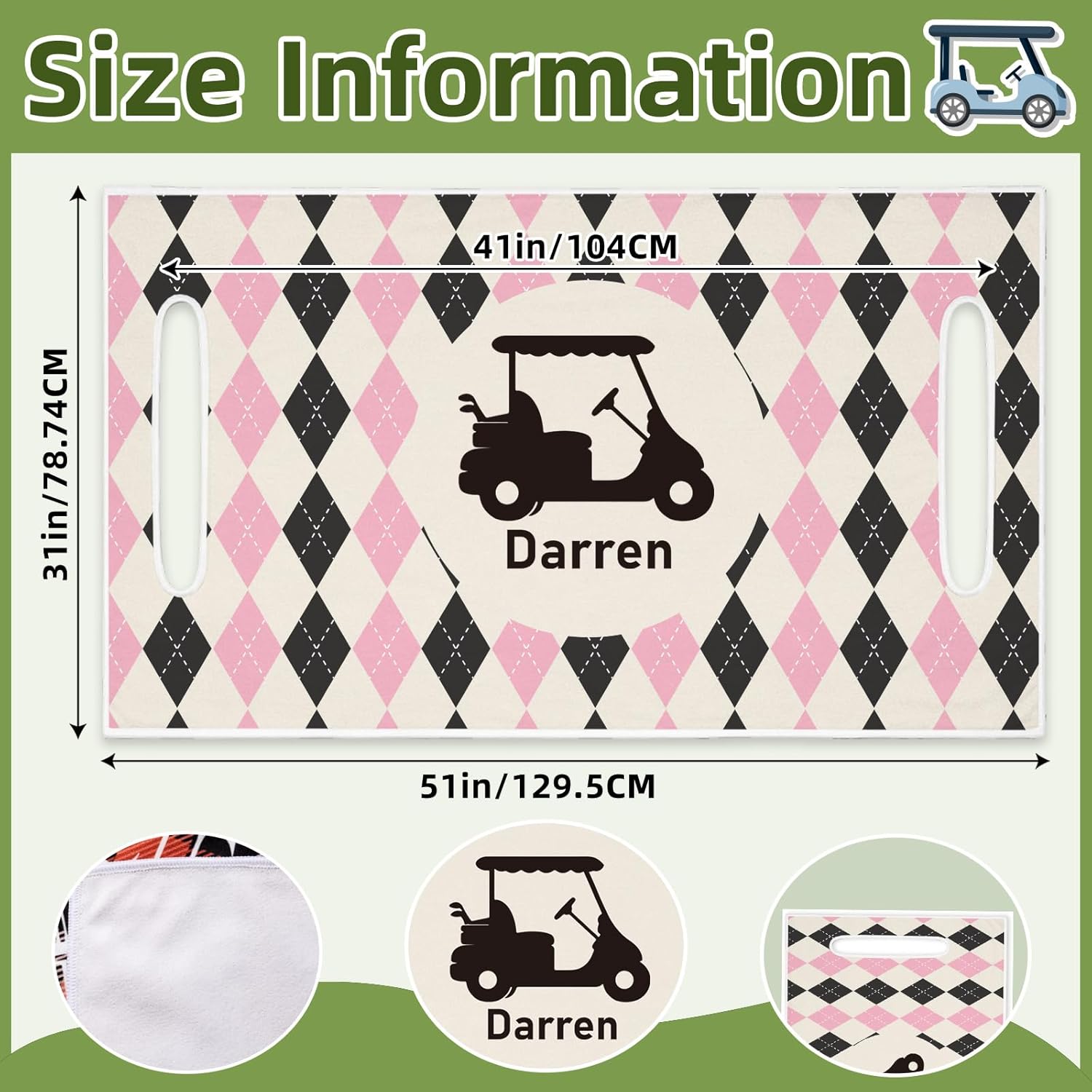 Personalized Golf Cart Seat Covers with Name, Custom Logo Golf Cart Seat Towel Blanket with Argyle Pattern, Soft Standard Club Car Seat Covers, Birthday Gift for Dad Husband Men Golfers