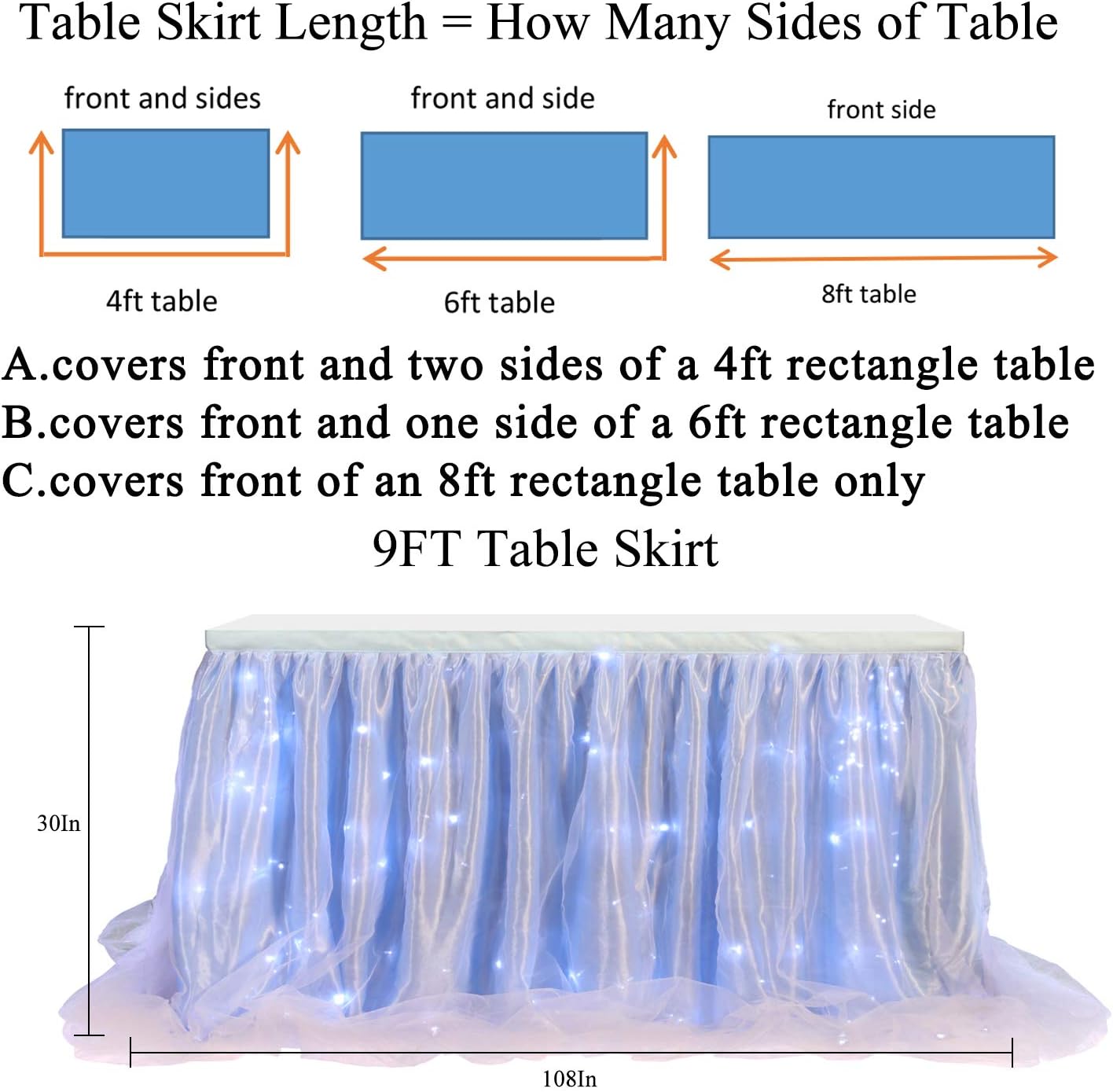 HBBMagic LED Table Skirt 9ft Blue Tulle Table Skirt Tutu Table Skirting for Rectangle or Round Table for Baby Shower Wedding and Birthday Party Decoration (L9(ft)*H 30in) - Image 4