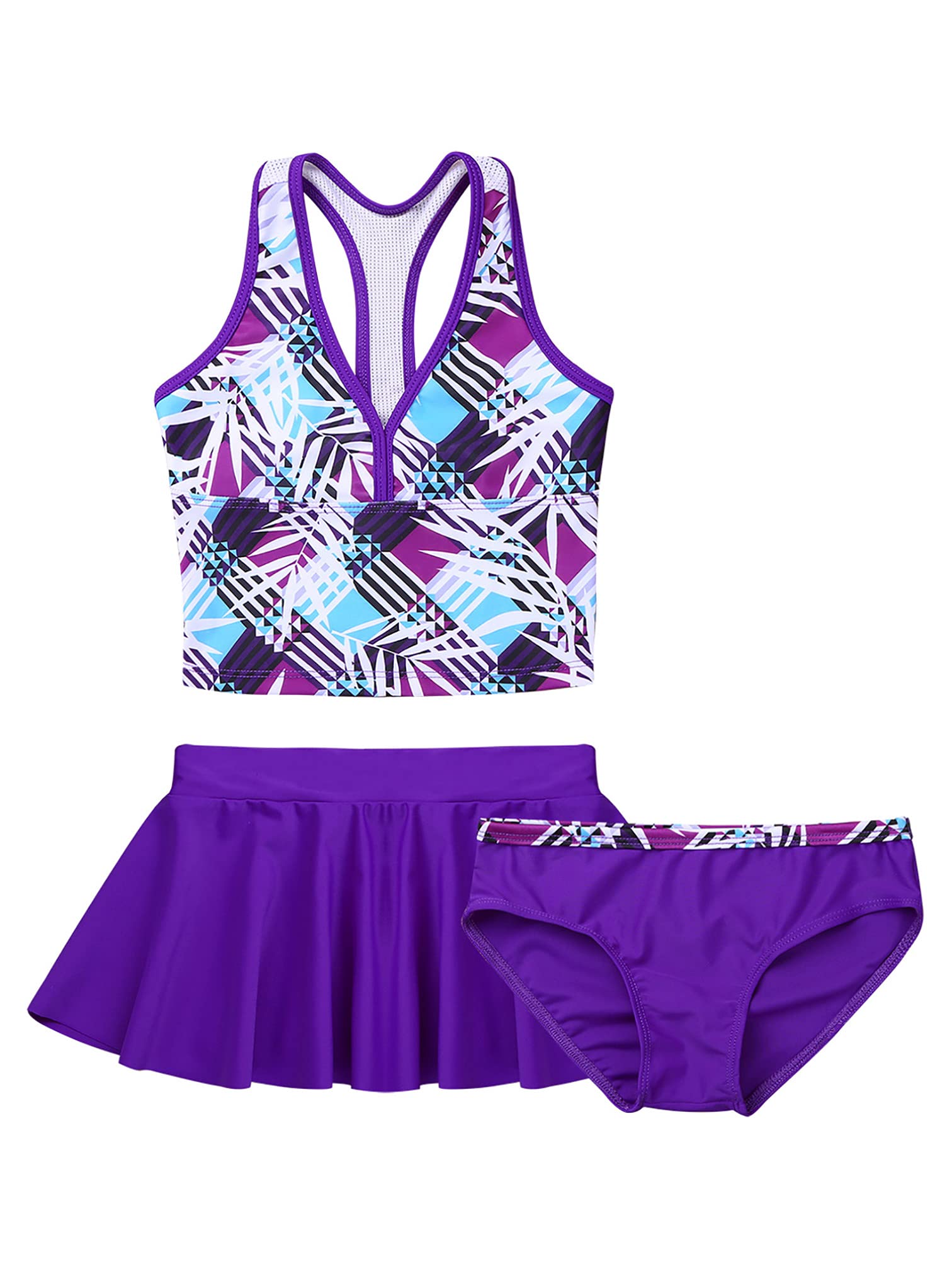 MSemis Traje de Baño de 3 Piezas para Niña Bañadores Flores de Natacion Tankini Top Sin Mangas+Bragas+Falda Corta Ropa de baño Swimsuit