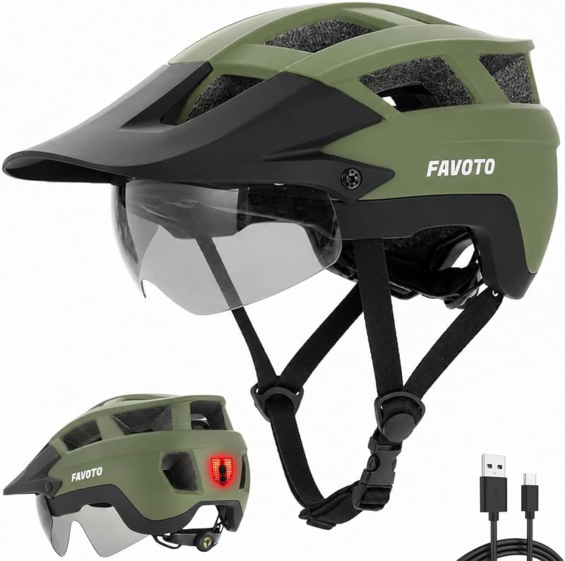 Favoto Mountain Road Bike Helmet with Light and Visor for Adults | USB rechargeable light, 16 vents, complies with CPSC/CE standards, dial fit, Men Women, road MTB commuter
