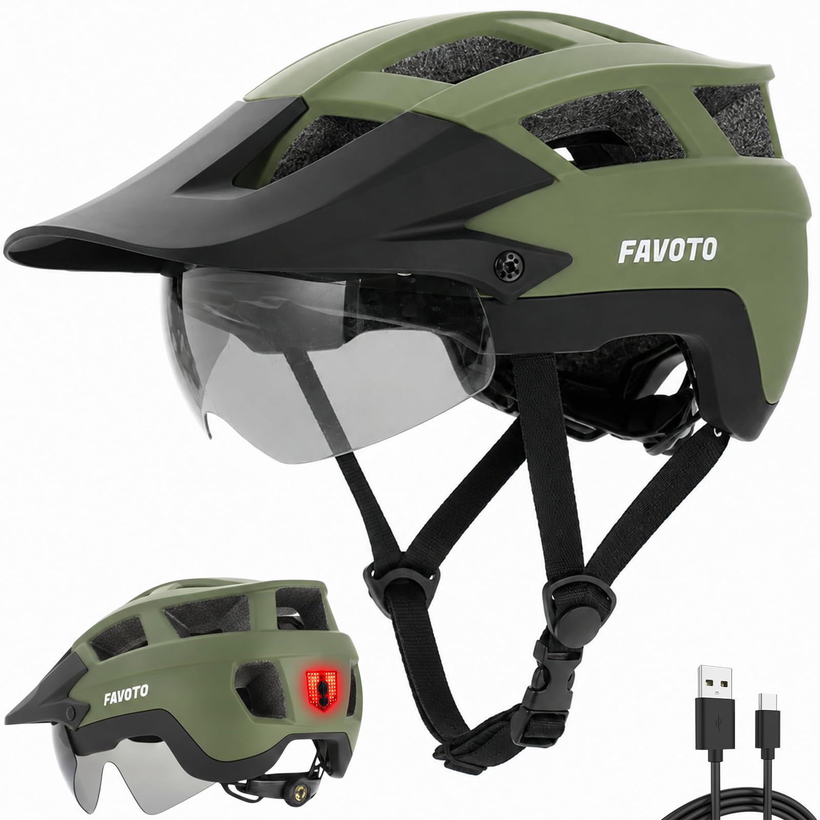 Favoto Casco Bicicletta con Luce, Visiera e Occhiali Magnetici, L | Favoto Casco Bicicletta MTB da Uomo e Donna con Luce LED, Visiera e Occhiali Magnetici, Leggero per Adulti, L (59-61 cm)