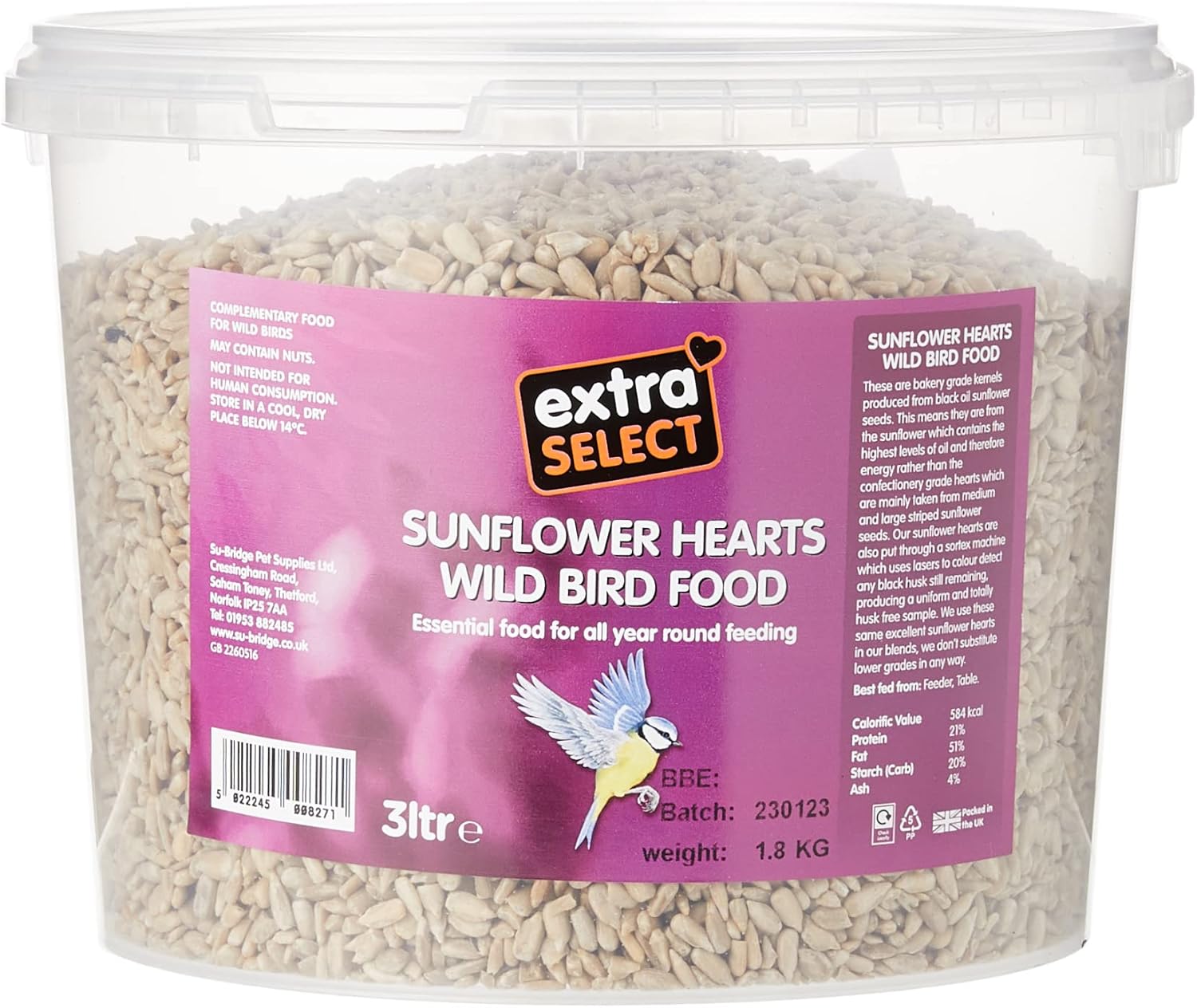 Extra Select Sunflower Hearts Bird Food HuskFree, Oil Rich, High