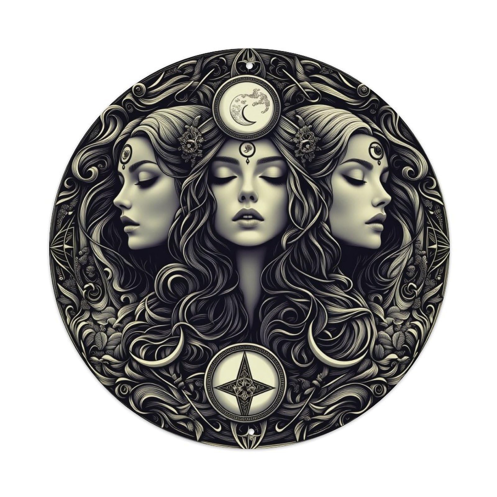 Three Faces Moon Symbol Star Round Tin Sign Retro Metal Sign for Cafe Bar Pub Home Game Room Gym Club Wall Decoration Vintage Metal Poster 8x8 Inch
