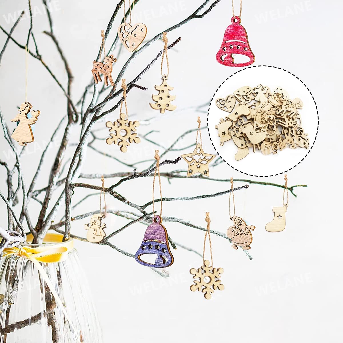 100 Décorations De Noël En Bois - Mini Pendentifs Pour Sapin - 16 Formes Différentes (sapin, Renne, Bonhomme De Neige…)