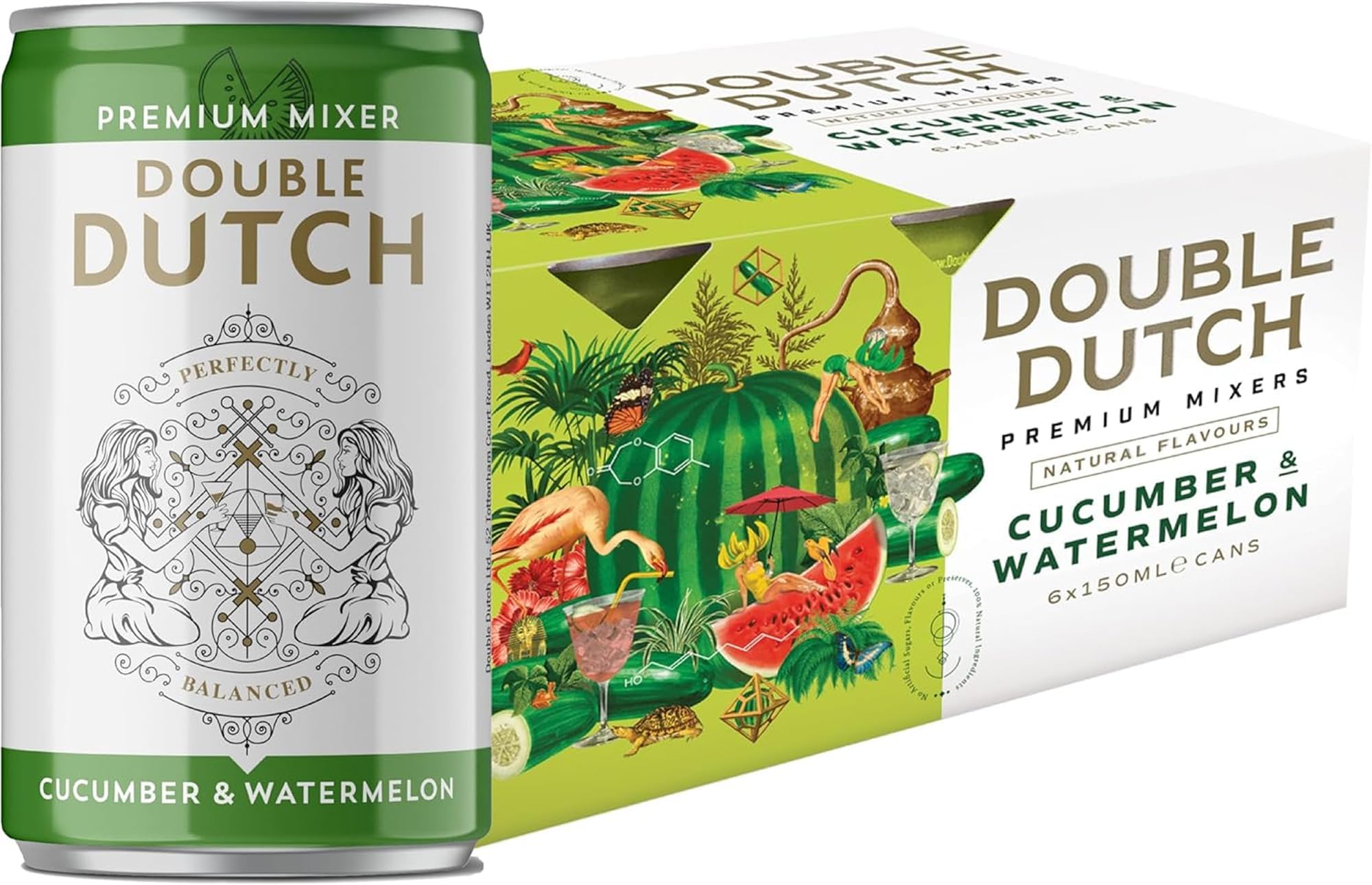 Cucumber & Watermelon Soda | Low Calorie Diet Soft Drink | 100% Natural Ingredients | Gluten Free, Vegan Friendly Premium Mixer Perfect For Gin, Vodka & Cocktails | 6 x 150ml Cans