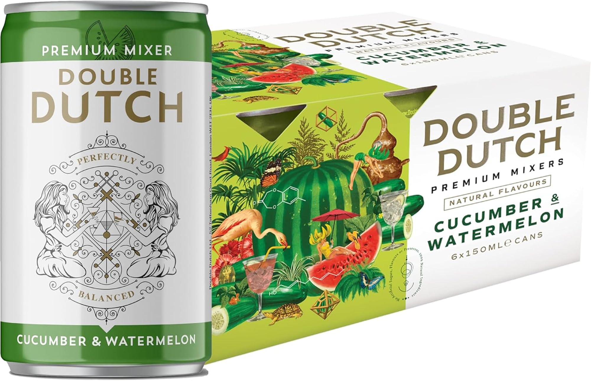 Double Dutch Cucumber & Watermelon Soda | Low Calorie Diet Soft Drink | 100% Natural Ingredients | Gluten Free, Vegan Friendly Premium Mixer Perfect For Gin, Vodka & Cocktails | 6 x 150ml Cans