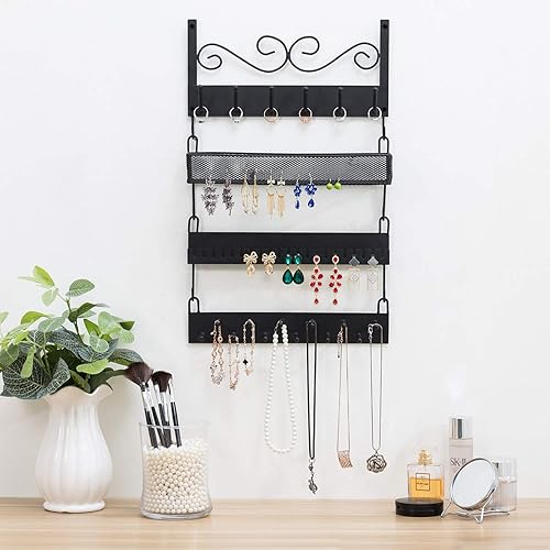 Miniatura 2 de MyGift Organizador de joyas colgante de metal negro de 4 niveles con 18 ganchos, soporte para aretes y collar, estante de exhibición de pulseras,