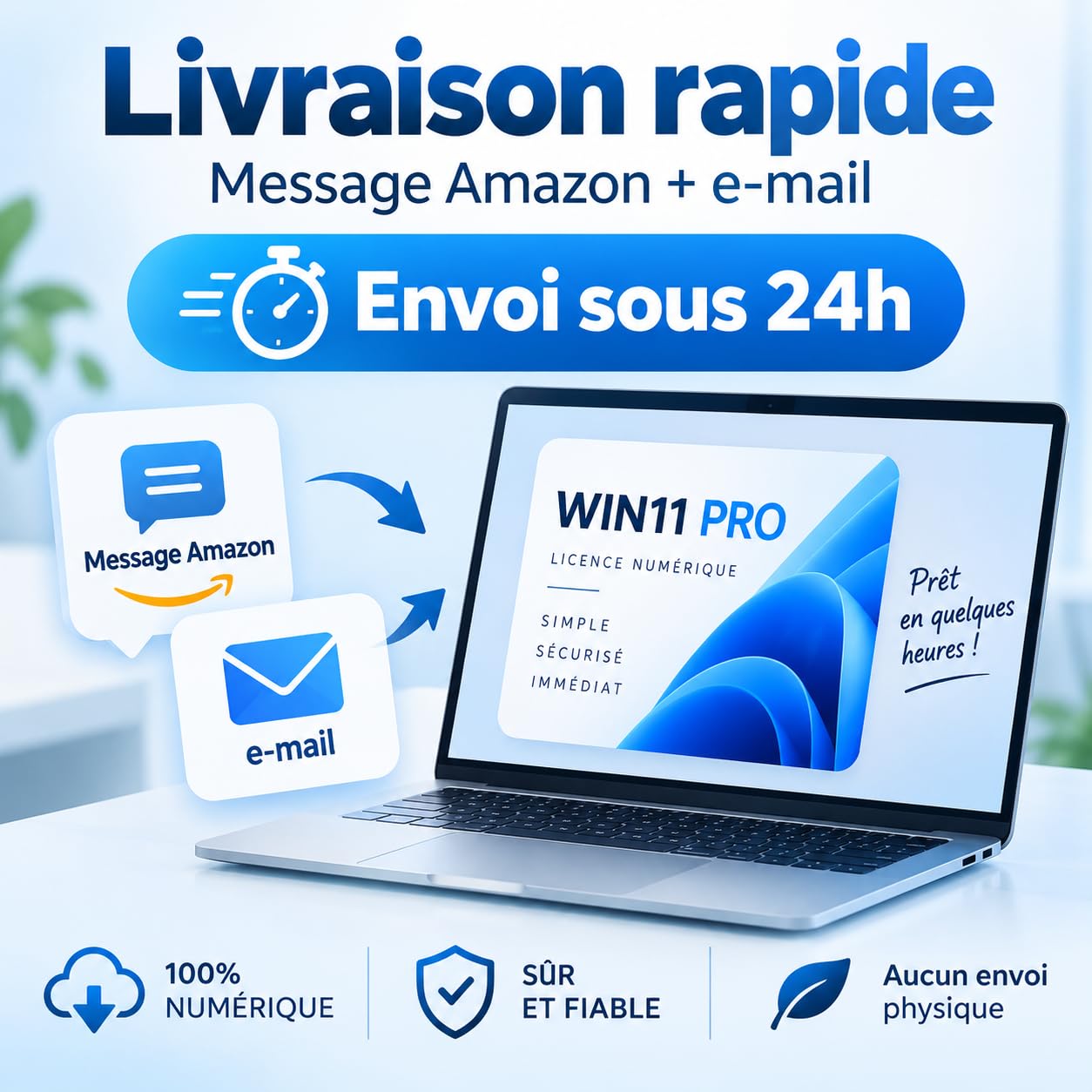 Clé d’activation pour Win11 Pro – Compatible avec système Win11 Professionnel – Activation en ligne – Livraison numérique par message et e-mail – Pour 1 PC