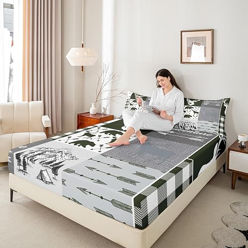 Miniatura 83 de Sábana bajera ajustable de oso de caza, juego de ropa de cama a cuadros de búfalo, sábanas de retazos de cabaña rústica para niños, niños, Multi