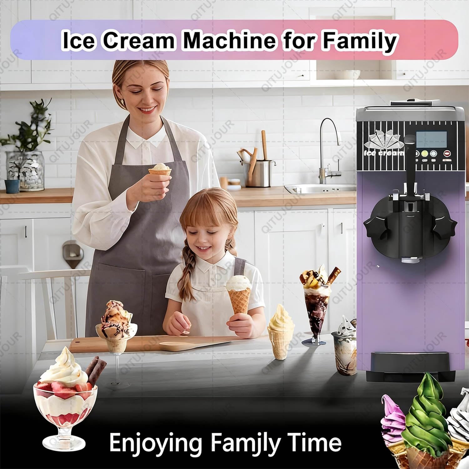 Machine à Glace Italienne Professionnelle De Comptoir En Acier Inoxydable, Mono-Parfum, Panneau LED, 4-5 Kg/H, 80-100 Pièces/H, Idéale Pour Restaurants, Boutiques Et Snacks(Purple)