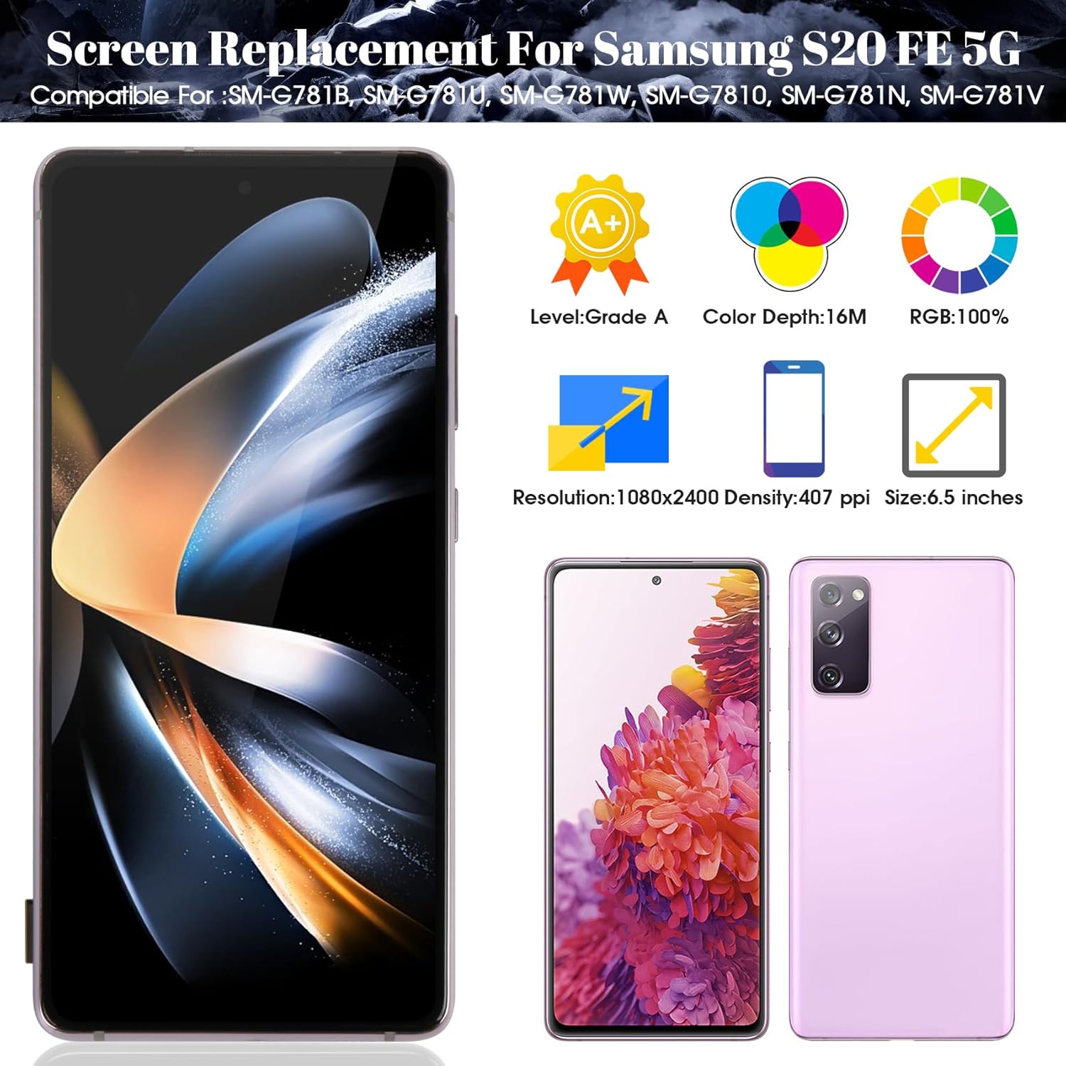 OLED For Samsung Galaxy S20 FE 5G LCD Screen For Samsung S20 FE 5G Screen Replacement SM-G781B Display Touch Digitizer Assembly Repair Kits With Frame(Support Fingerprint Function) (Cloud Lavender)