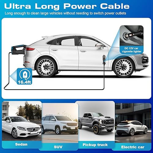 Miniatura 4 de Aspiradora de coche  Aspiradora portátil con cable de 16.4 pies, bolsa, luz LED y accesorios  CC 12 V de alta potencia pequeña aspiradora,