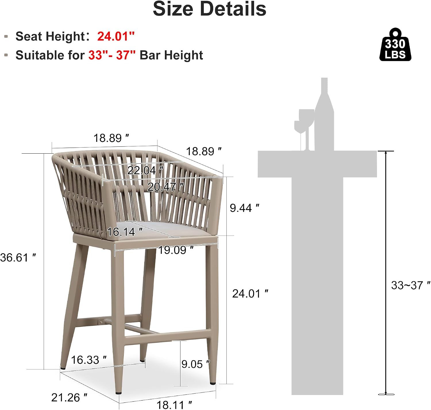 PURPLE LEAF Outdoor Counter Height Bar Stools Set of 2 for Overweight Wicker Rattan Patio Barstools Woven Modern Bar Chairs with Backrest and Cushions for Garden Outside Champagne