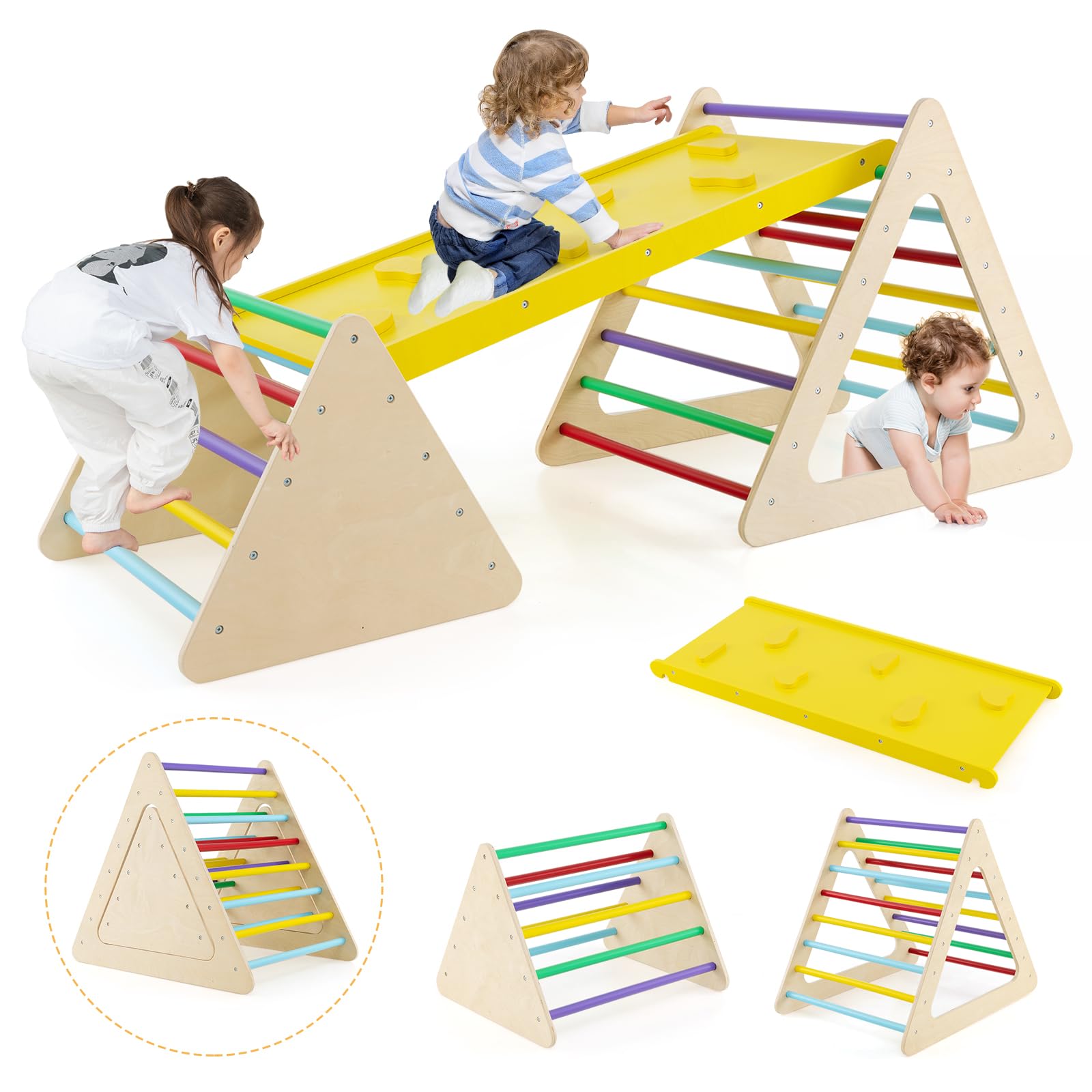 GLACER 5 in 1 Toddler Triangle Set, 3 Piece Montessori Climbing Toys w/Climbing Rock Ramp & 2 Small Triangles, Adjustable Inclinations, Wooden Indoor Climbing Playset for Playground Gym