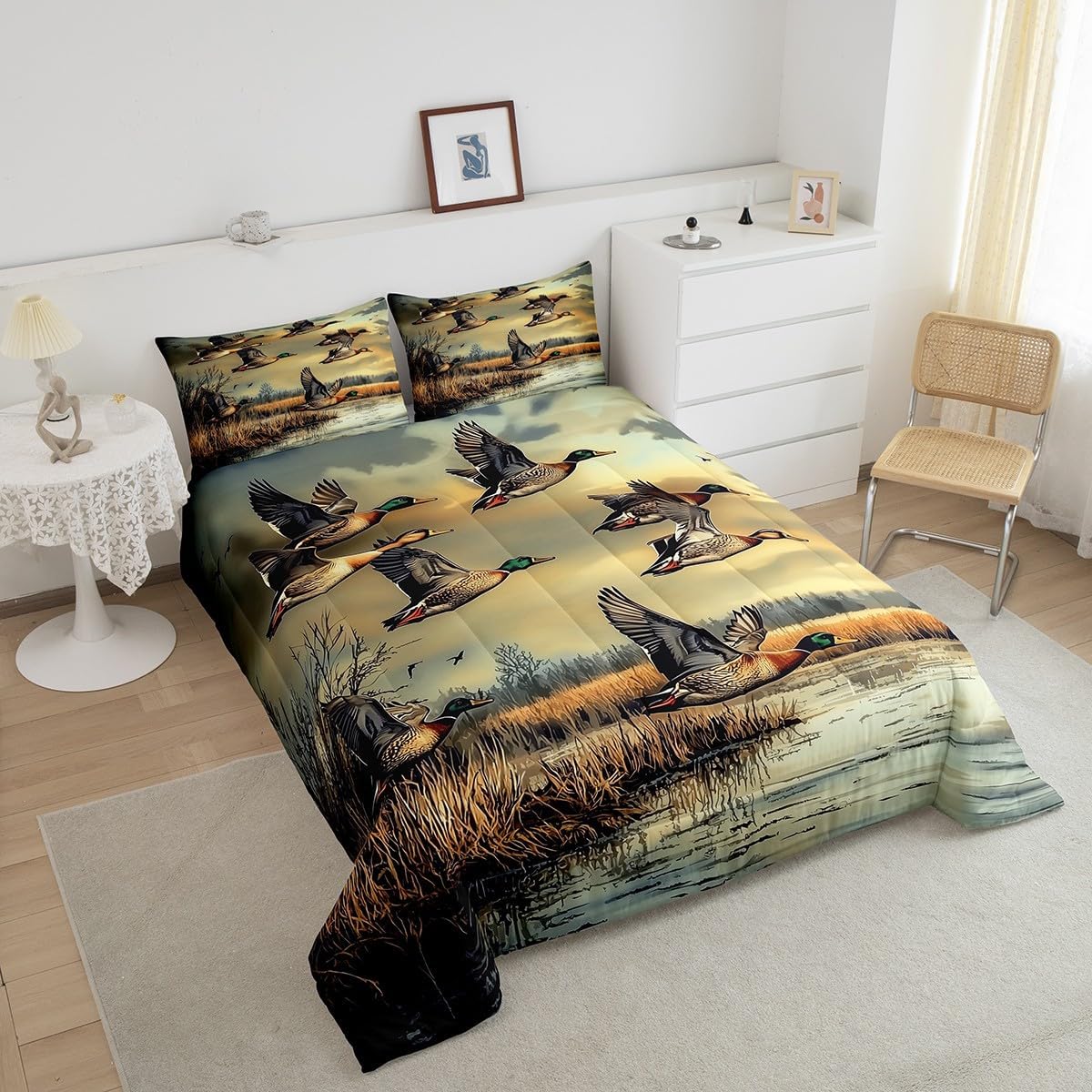 Feelyou Boys Girls Mallard Duck Comforter Set Queen Size, Duck Hunting Bedding Set Kids Wild Animal Comforter Cabin Farmhouse Teens Duvet Set Bedroom Decor Microfiber Bed Set