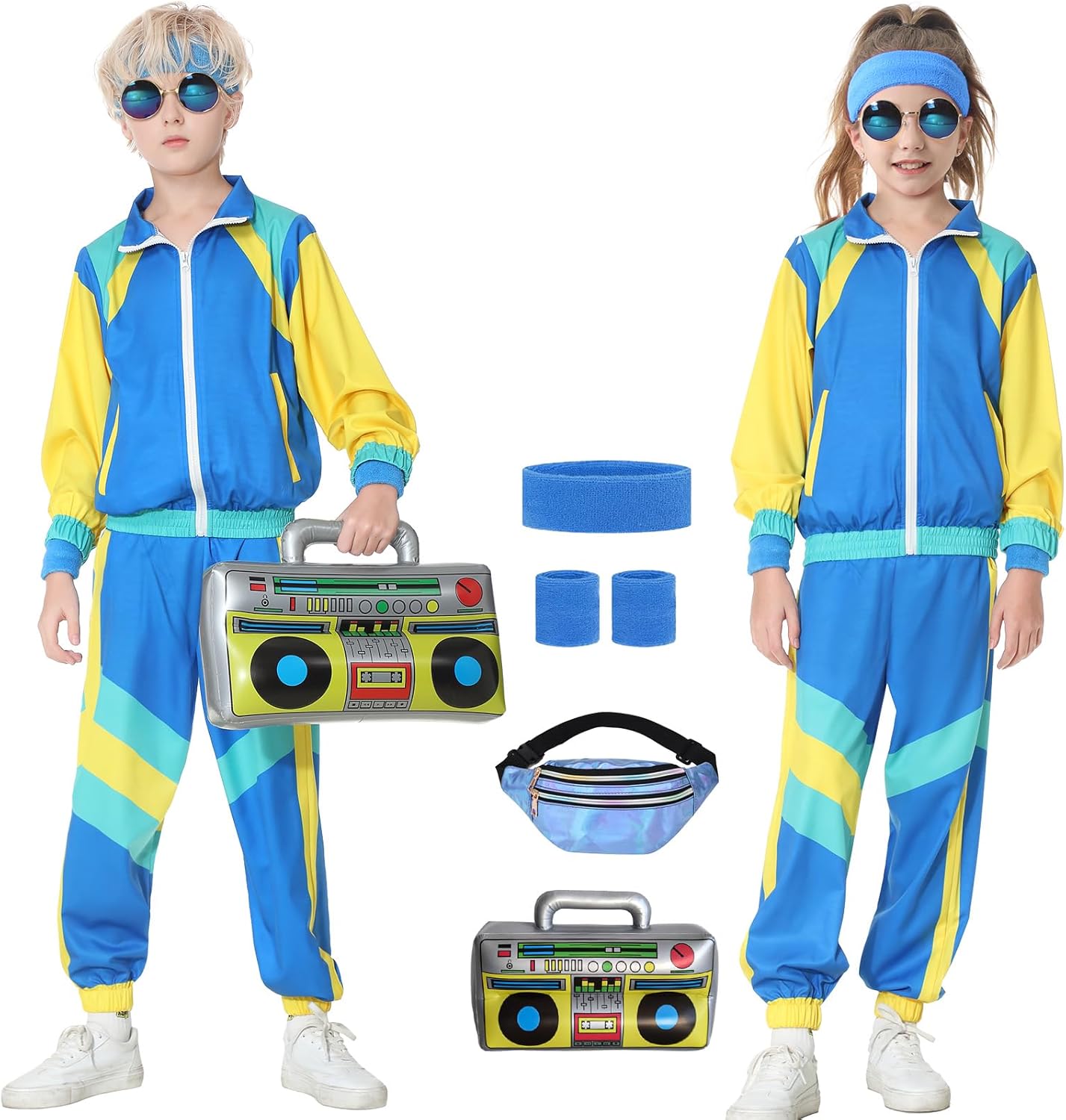 TIMSOPHIA 80s Tracksuit for Kids, 90s Outfits Boys Girls 6PCS Hip Hop Dance Costume, Colorblock Jacket for Retro Theme Party (Blue, 4-5 years)