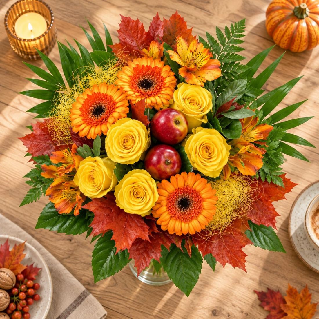 Premium Blumenstrauß Herbstsonne - Großer Herbststrauß mit Rosen, Gerbera, Alstromerien und Herbstdeko