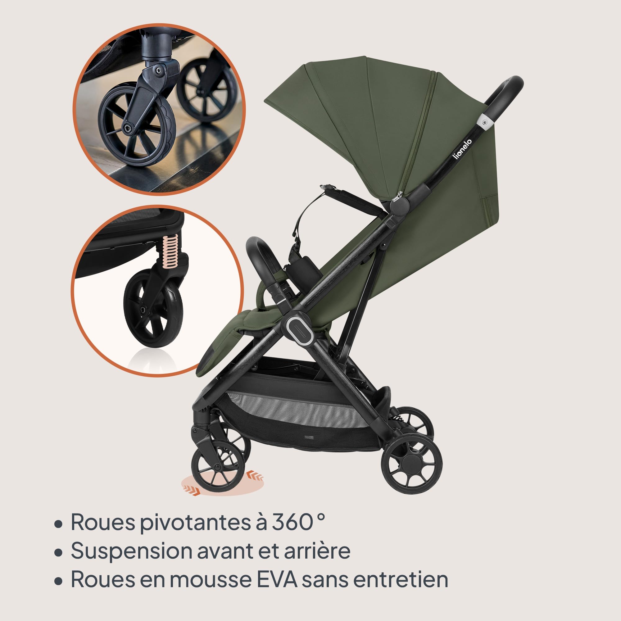 LIONELO Poussette Bébé Bess jusqu'à 22 kg de 6 mois à 4 ans Roues Pivotantes en PU 360 ° Pliage avec Une Main, Dossier Réglable, Canopy Imperméable Poids Léger 7,5 kg, Panier à Courses (Green)